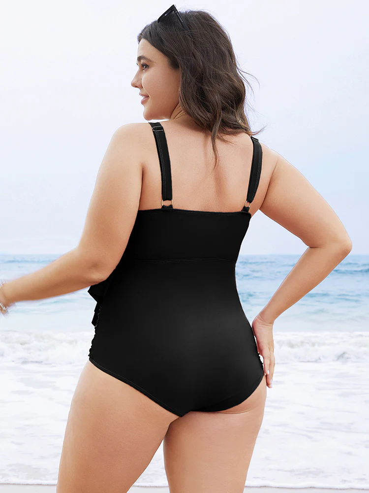 Solid Sculpt Waist Patchwork Ruffle Tiered One Piece Swimsuit