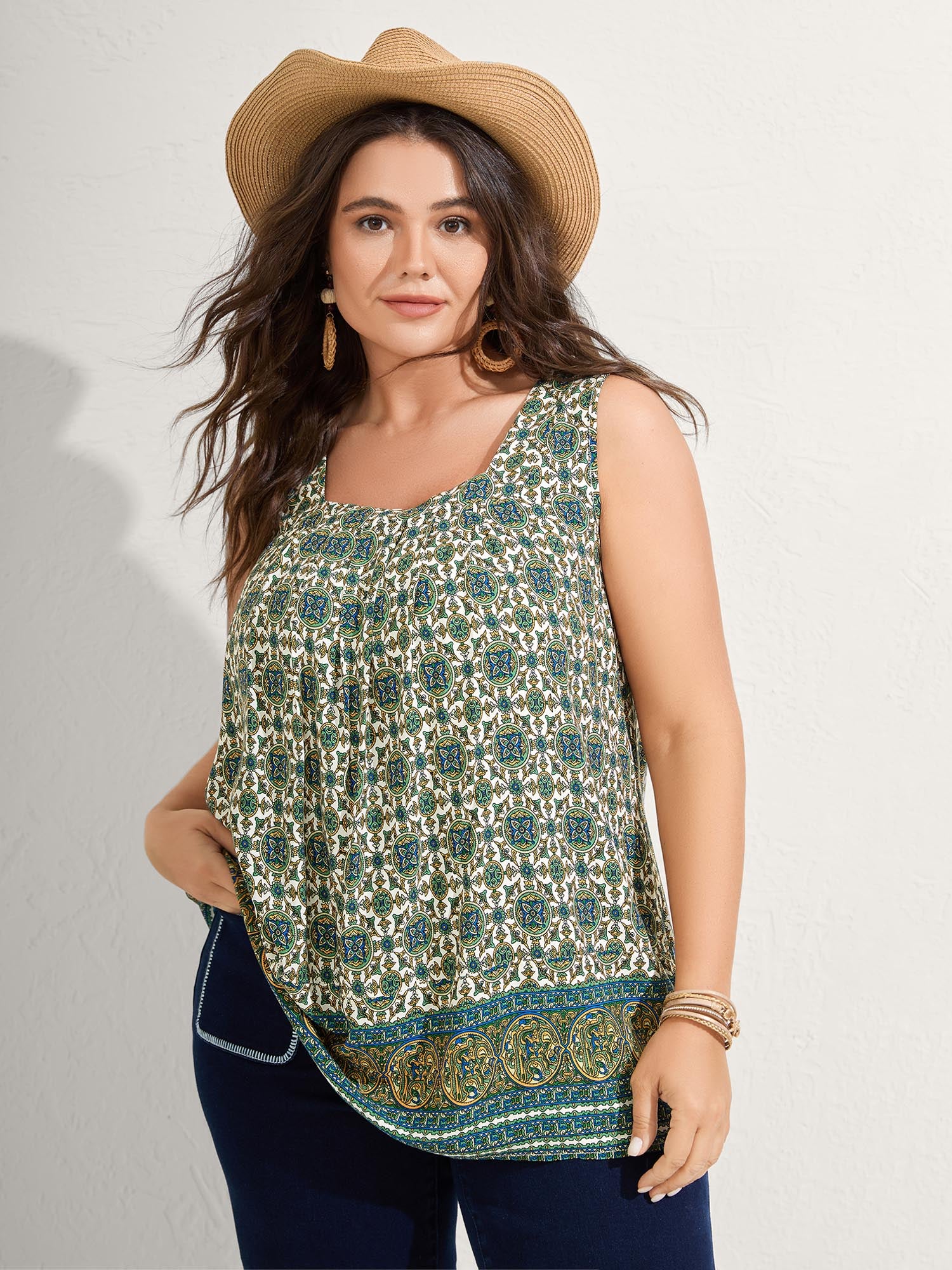 Floral Print Pleated Neckline Tank Top