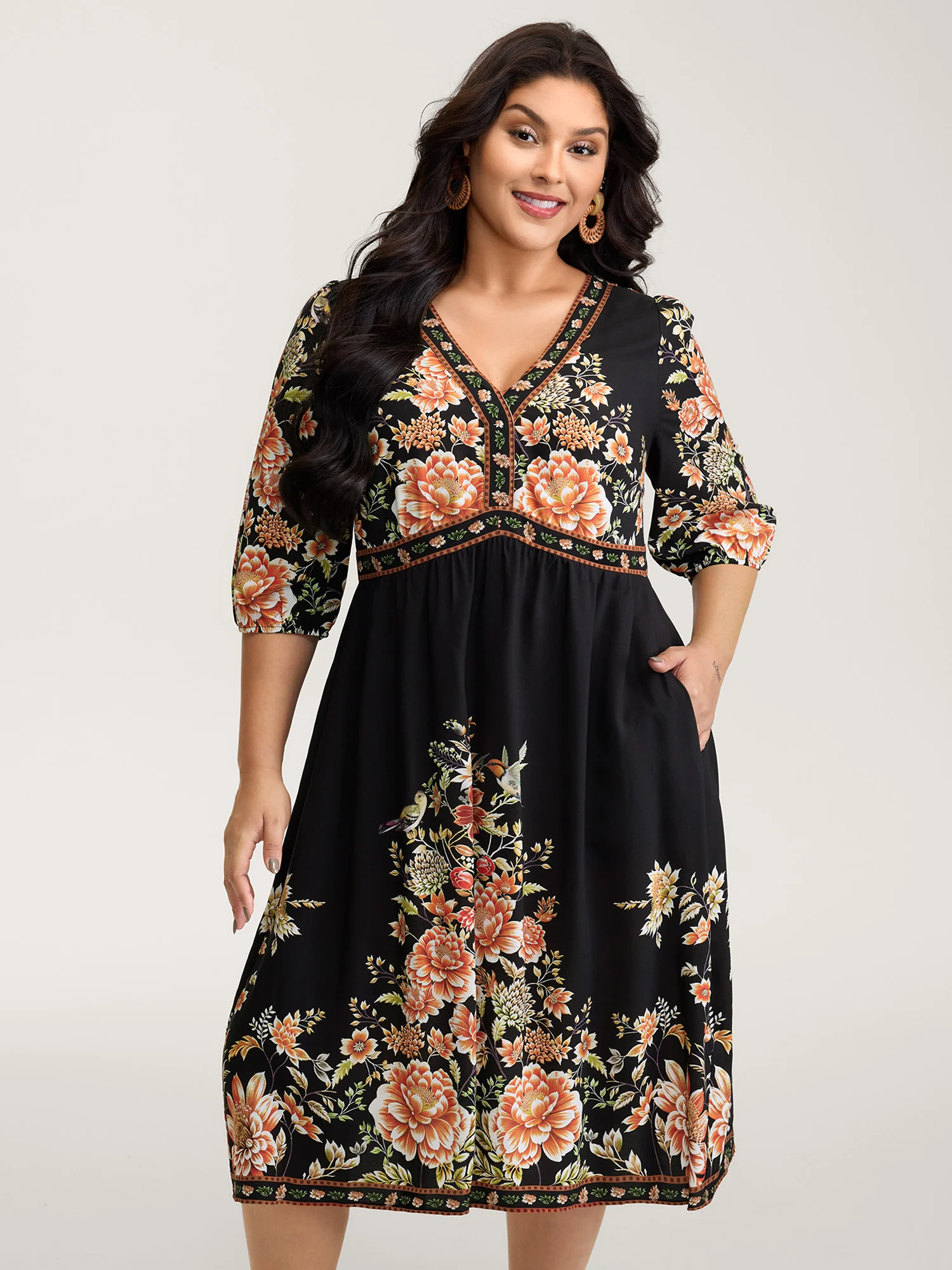 Rayon Floral Print Contrast V-Neck Midi Dress
