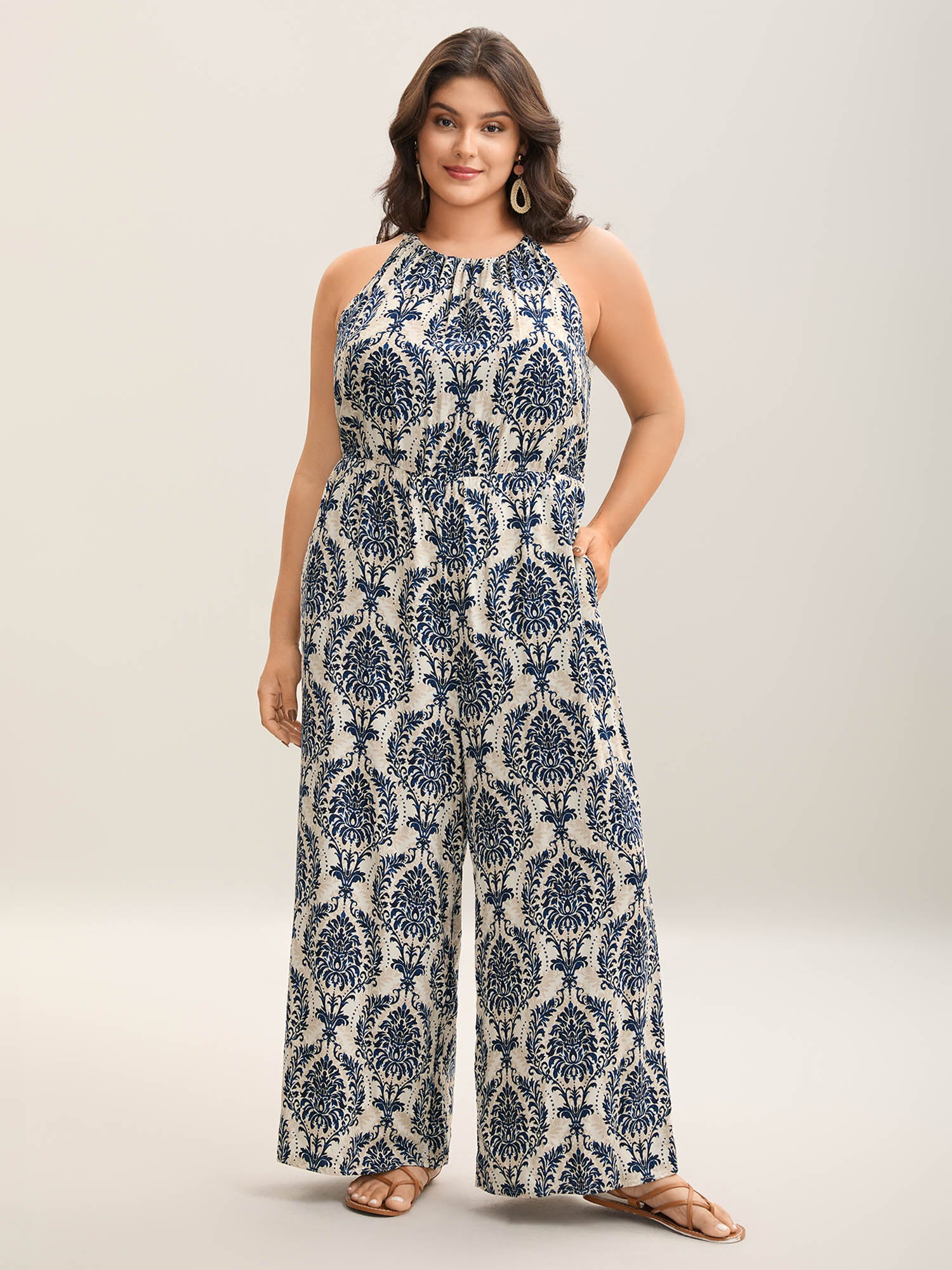 Rayon Damask Print Stretchy Waist Jumpsuit