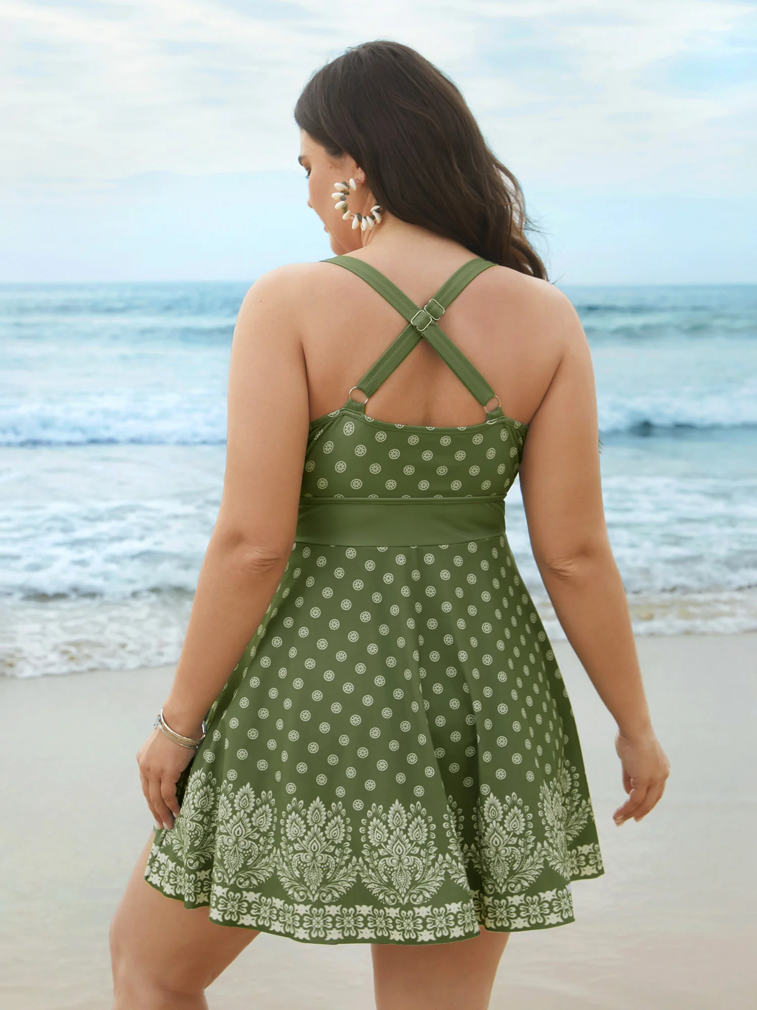 Boho Print Waist-Tie Surplice Neck Swim Dress