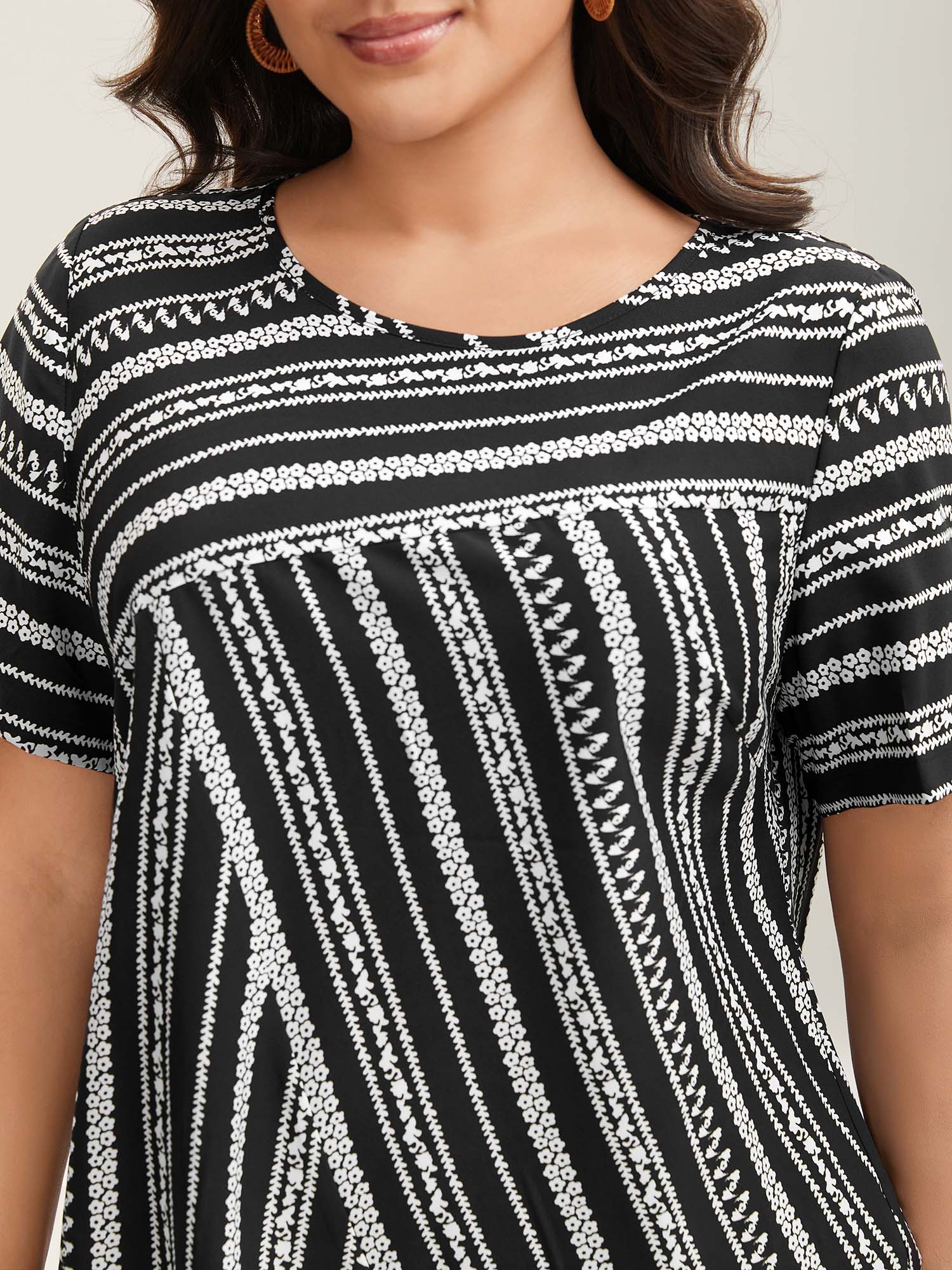 Striped Overlap Print Curvy Hem Blouse