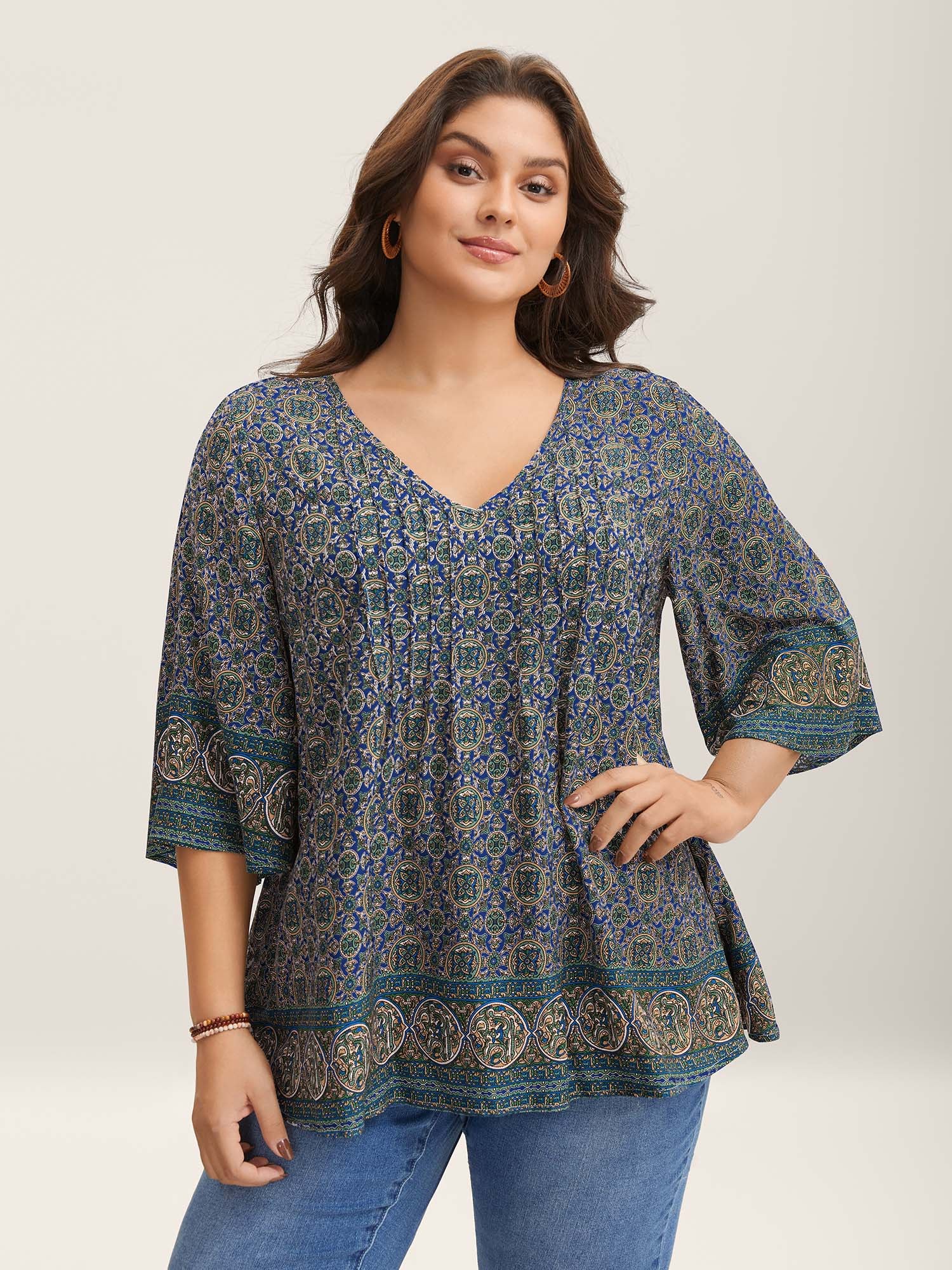Pin-Tuck Pleat Ornate Print Relaxed Fit Shirt