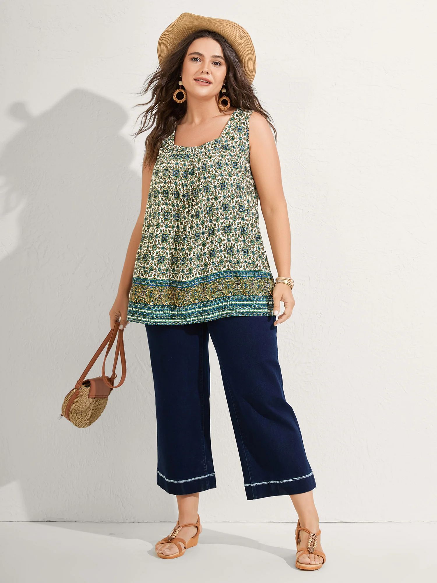 Floral Print Pleated Neckline Tank Top