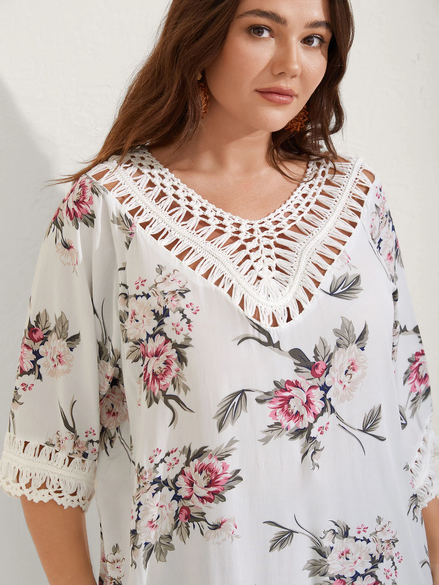 Floral Print Crochet Fringe Hem Swim Cover-Up
