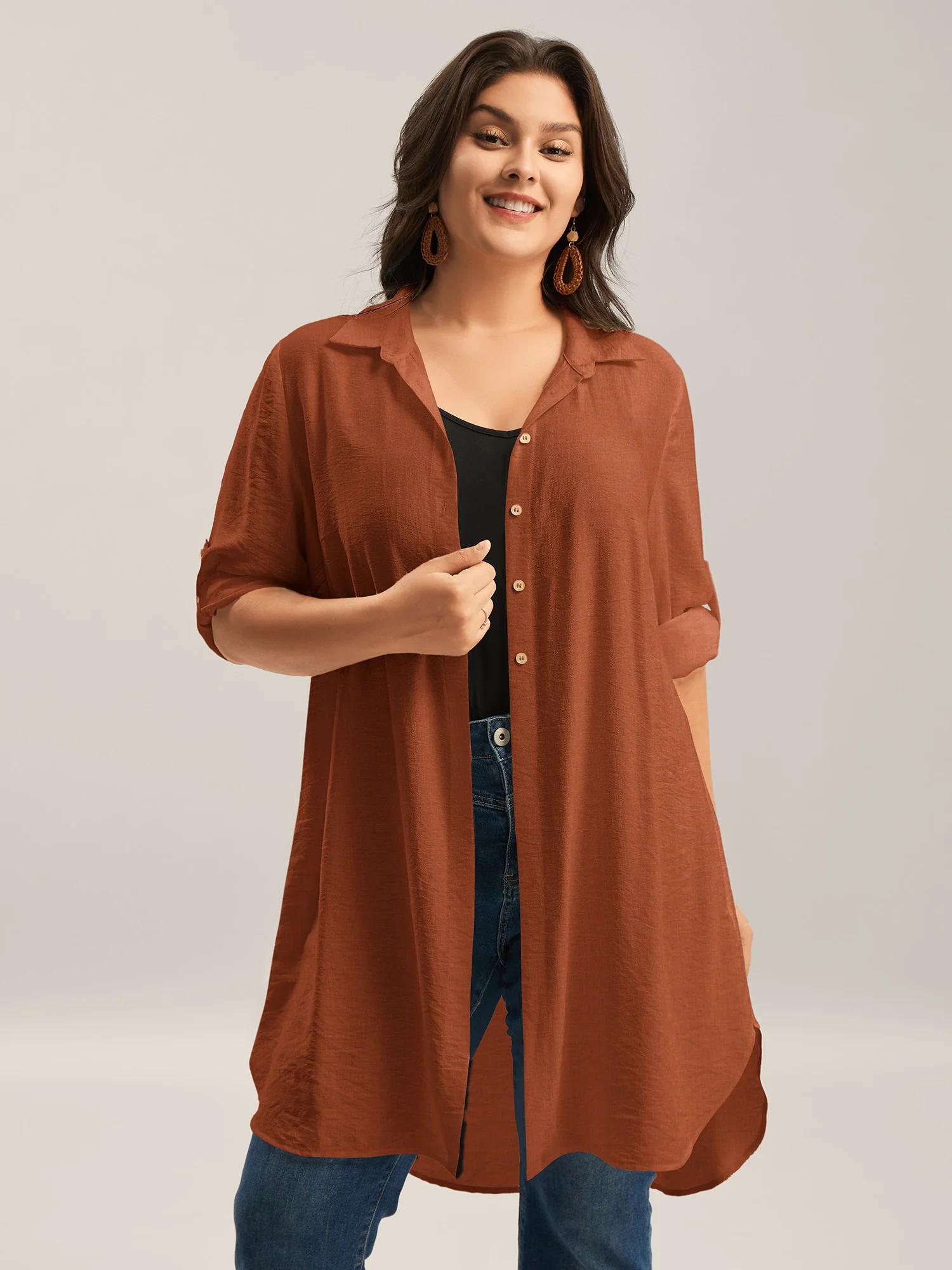Front-Open Long Basic Blouse