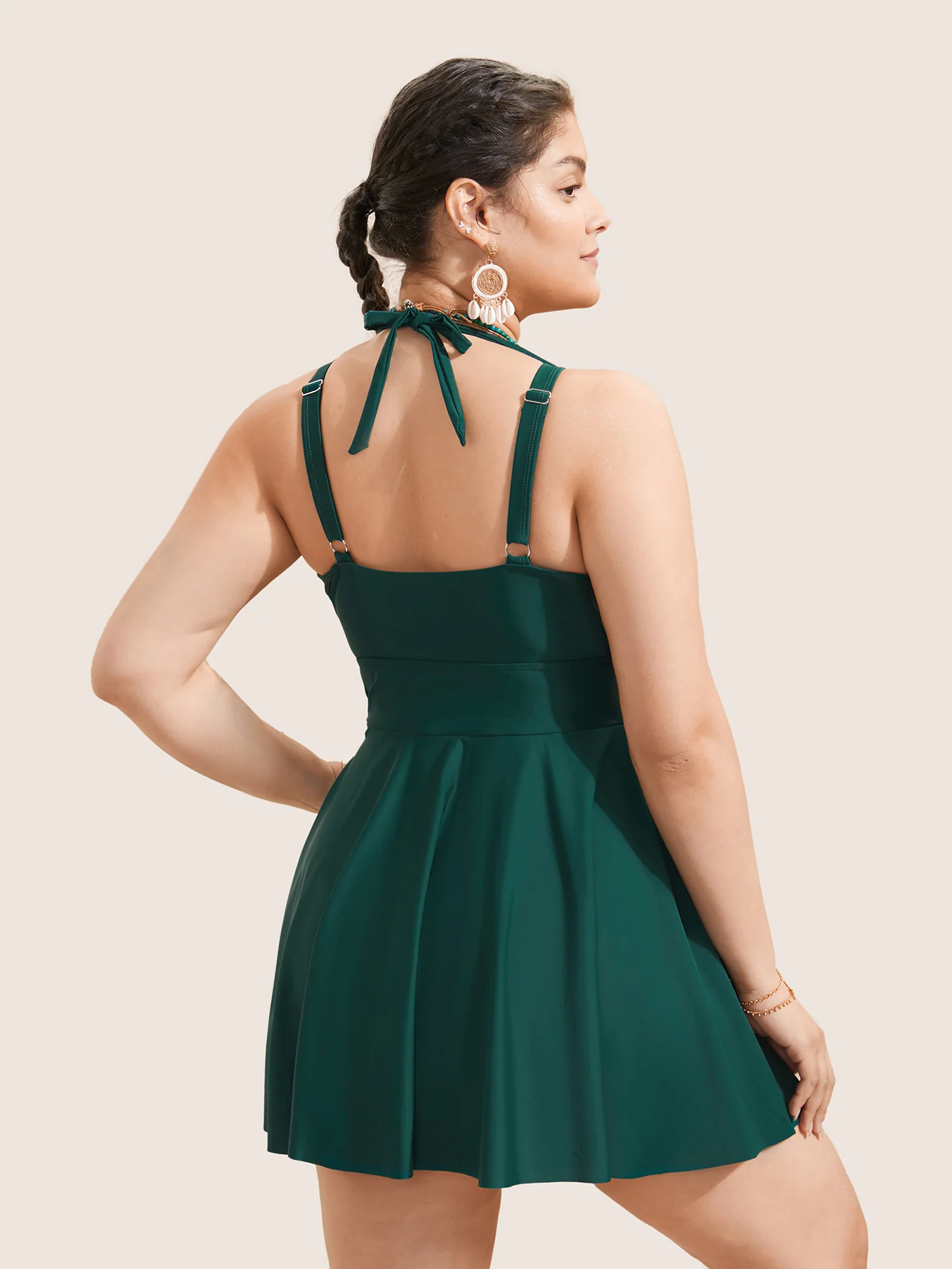 Solid Ruffle Hem Empire Waist Halter Neck Swim Dress