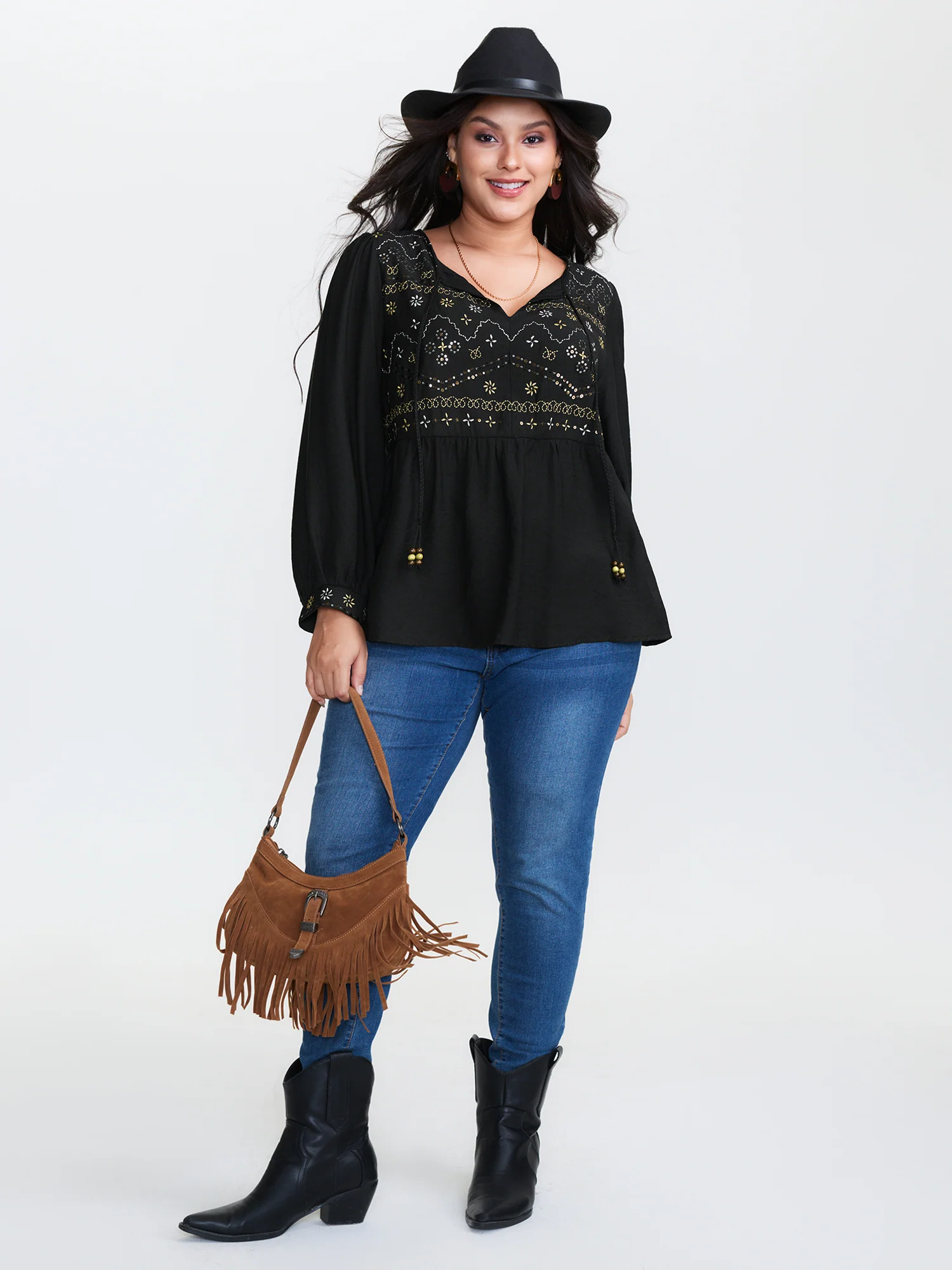 Sequin Embroidery Tassel Tie Blouse