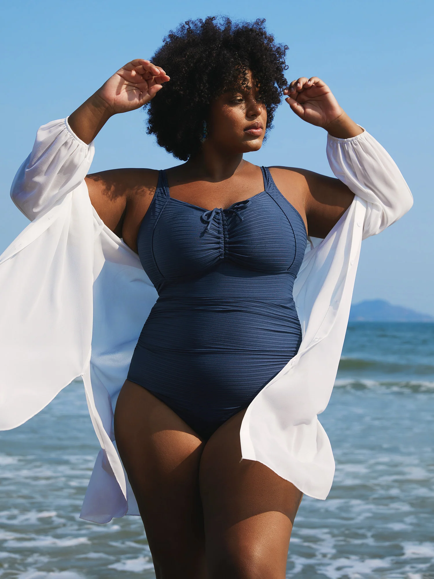 Textured Channel Drawstring One-Piece Swimsuit