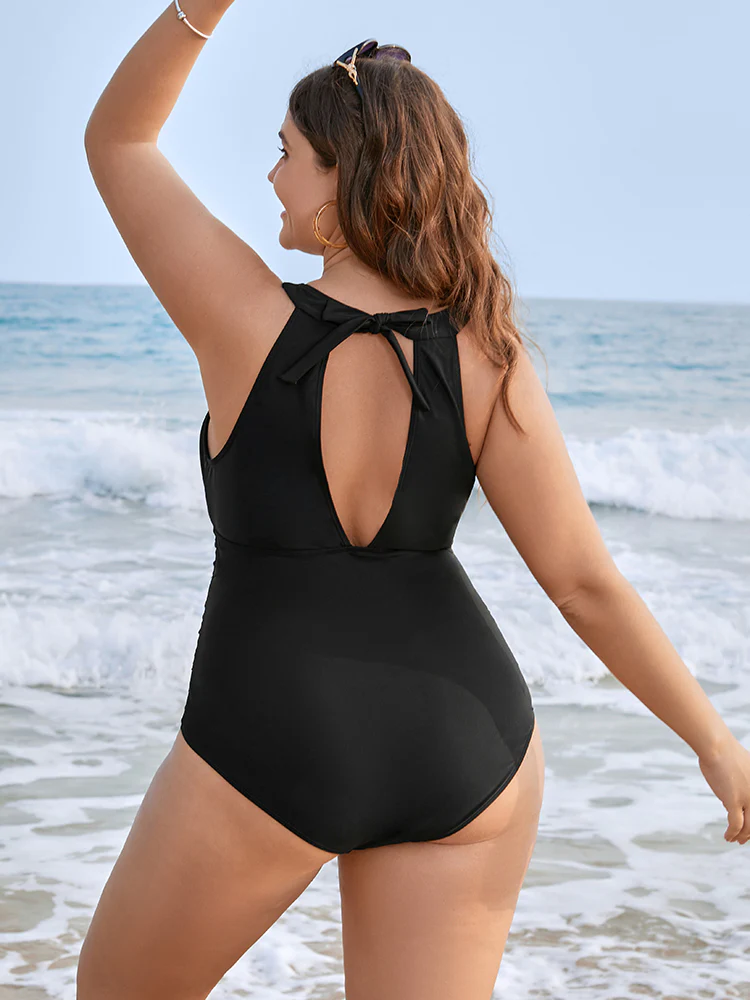 Halter Mesh Insert Knotted Back One Piece Swimsuit
