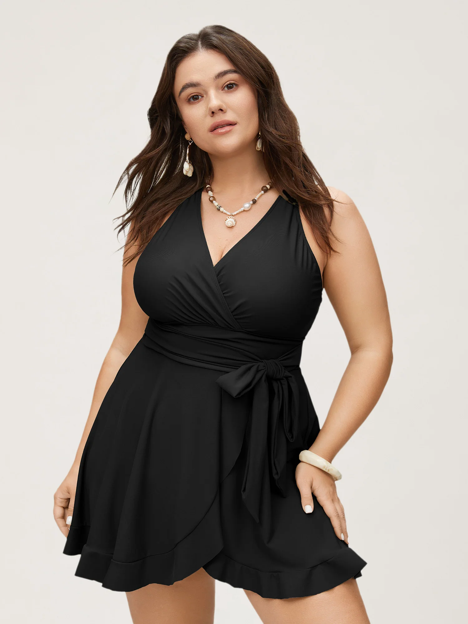 Plain Ties Wrap Flutters Swim Dress