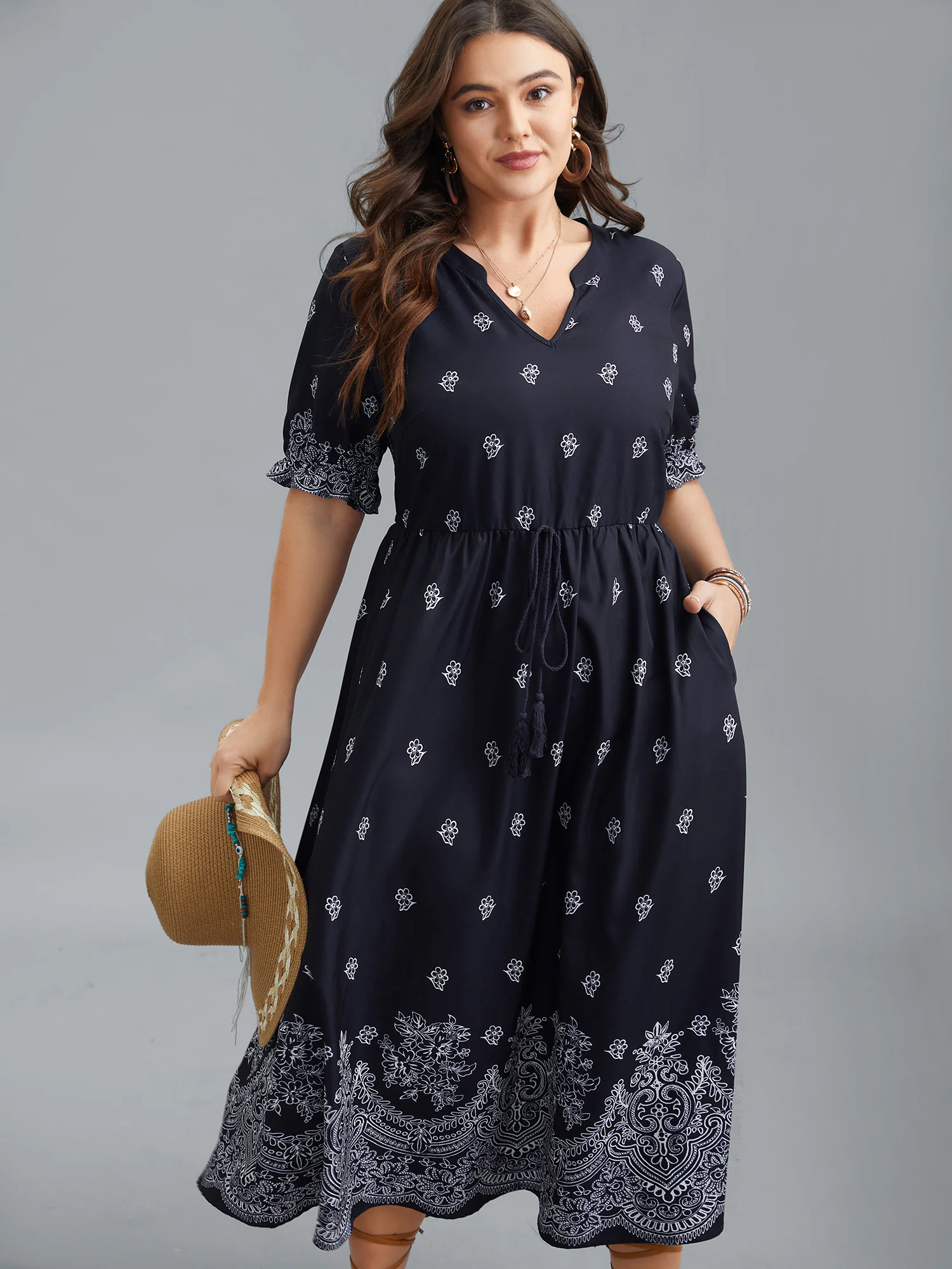 Floral Waist-Tie Notched Collar Midi Dress