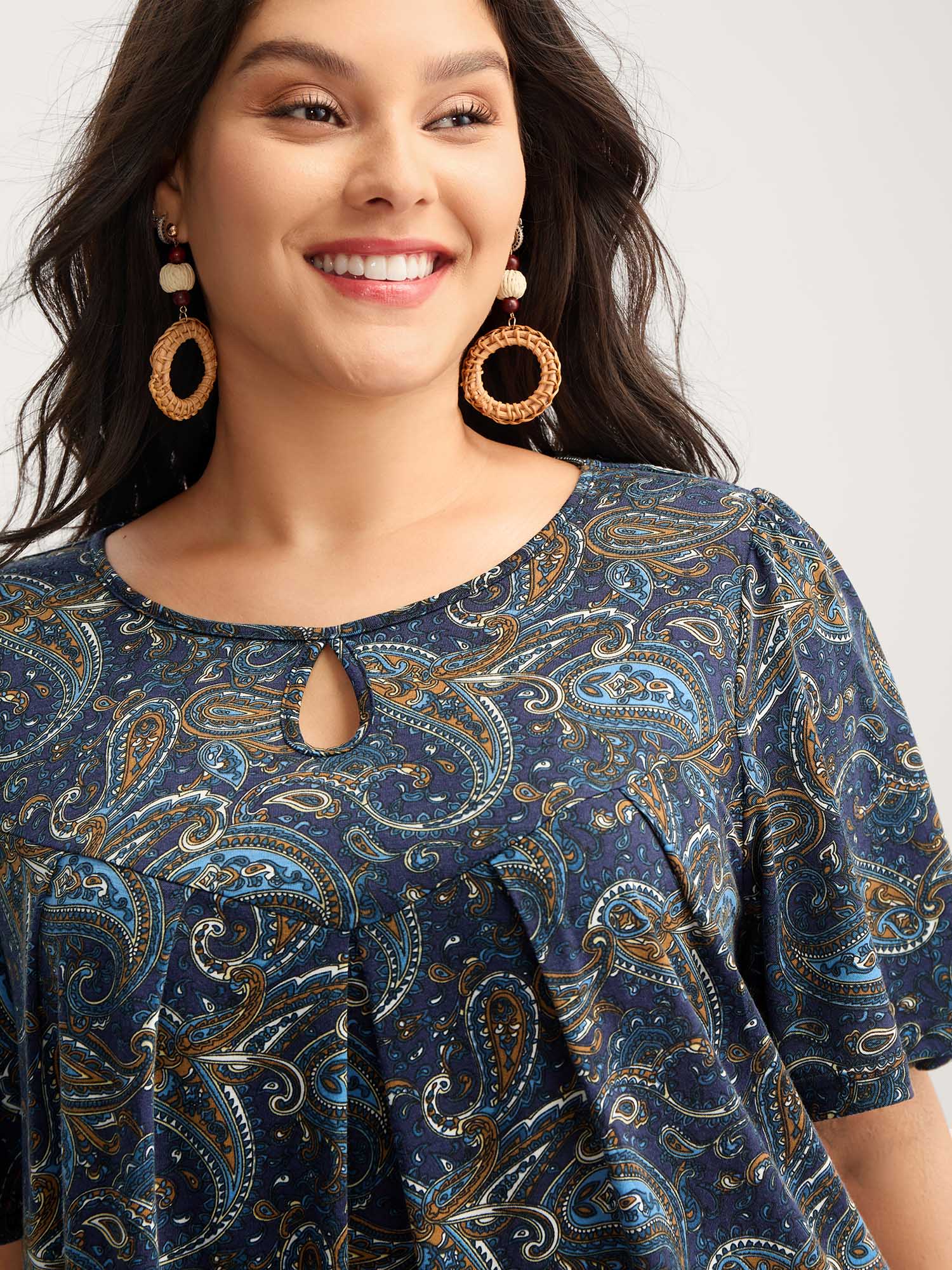 Paisley Print Neck Cut-Out Pleated Top
