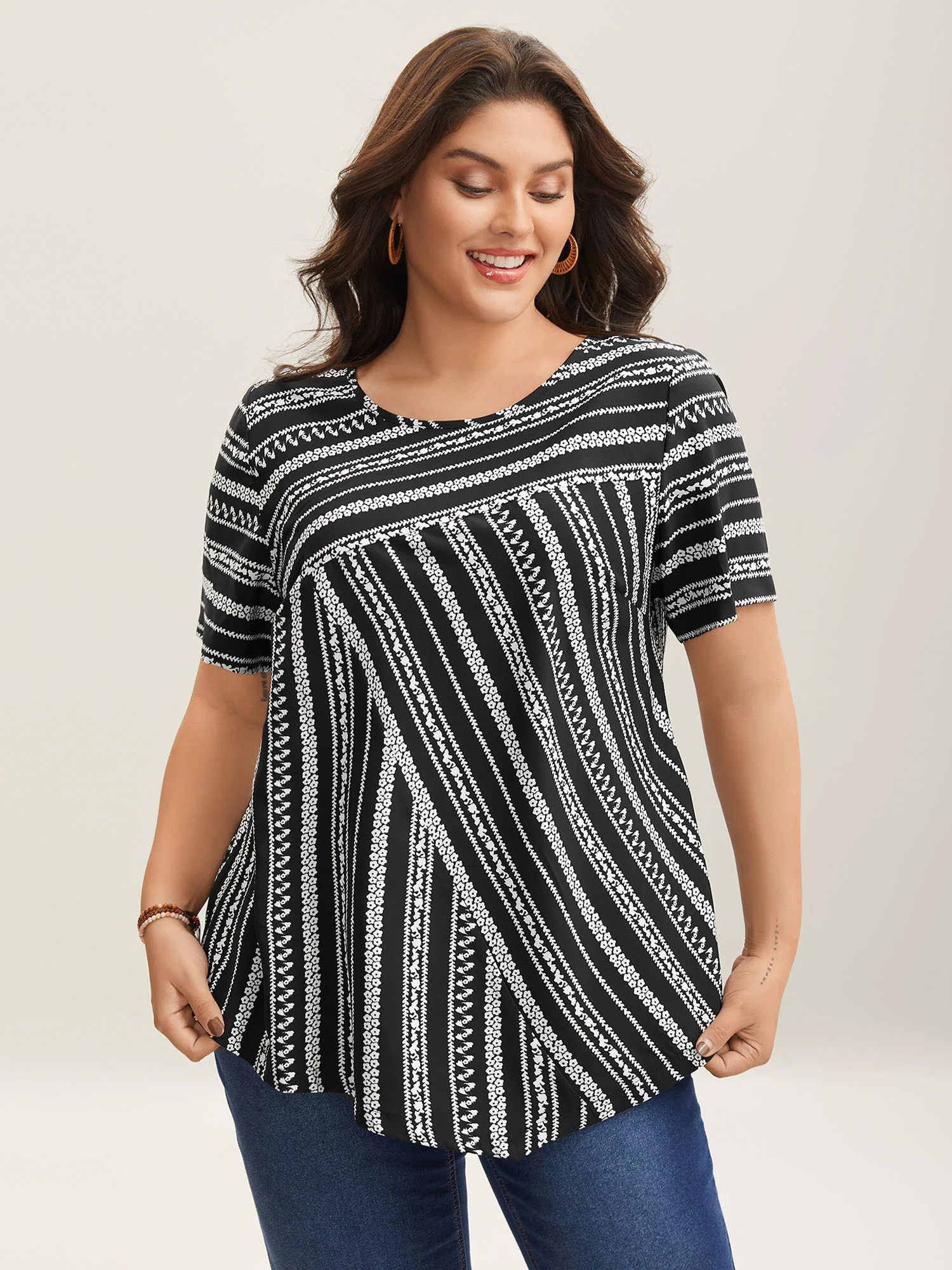Striped Overlap Print Curvy Hem Blouse