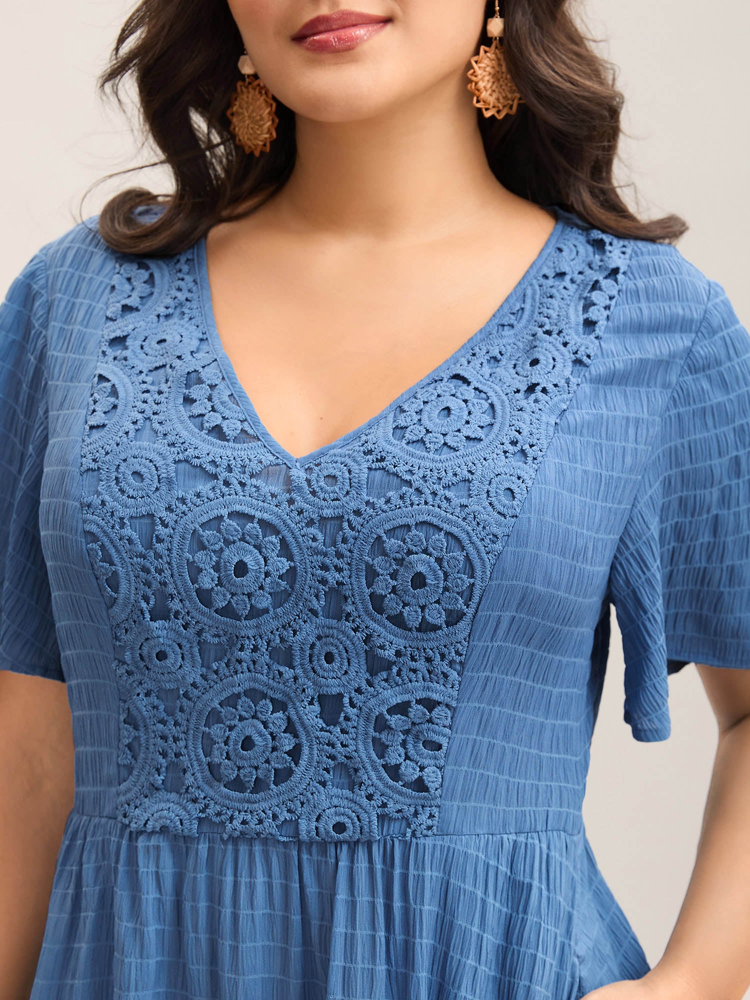 Lace Textured Pockets Tiered Midi Dress