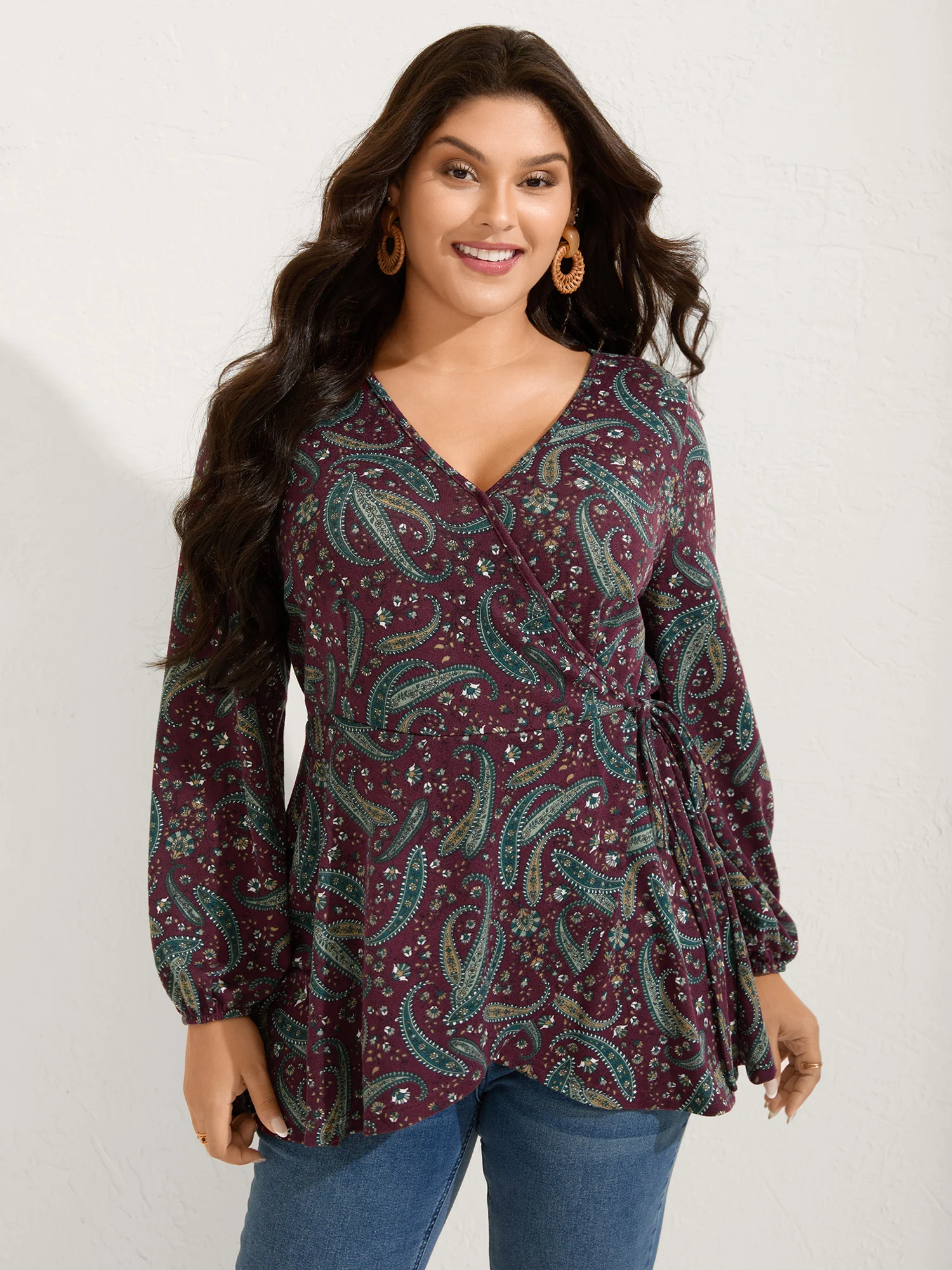 Paisley Print Wrap Style Knit Top
