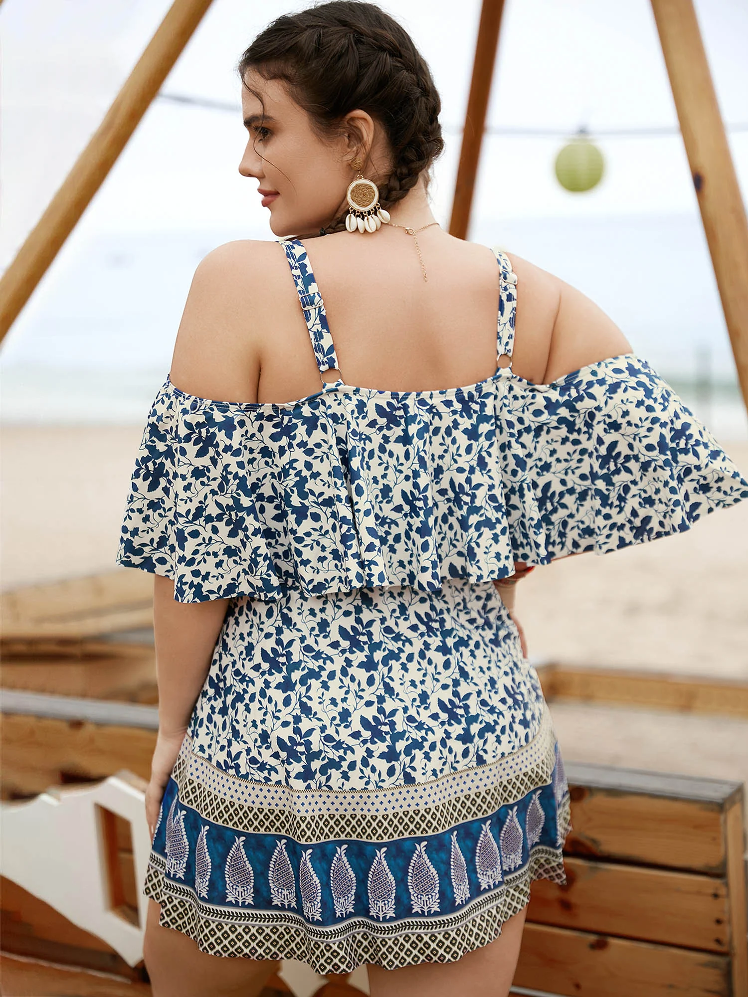 Bandana Print Cold Shoulder Swim Dress