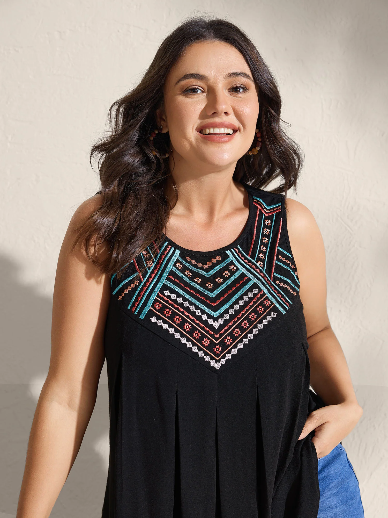 Embroidered Neckline Pleated Front Panel Tank Top