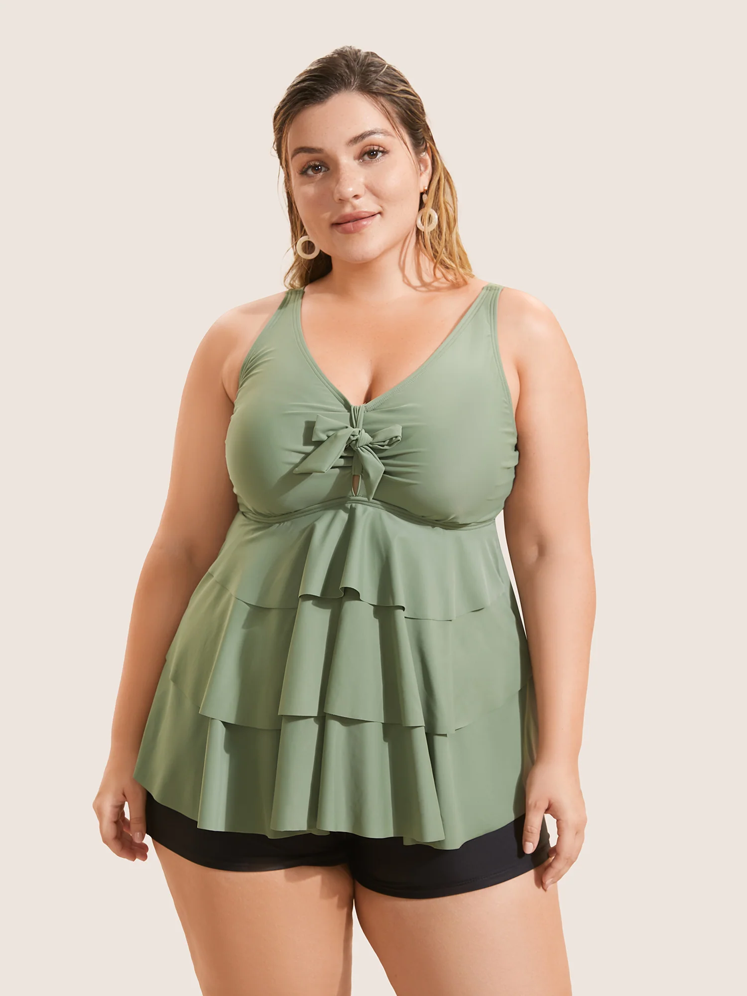 Knotted Front Ruffle Tiered Tankini Top
