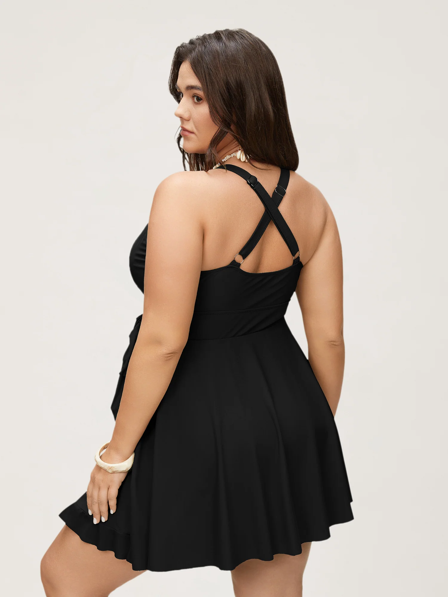 Plain Ties Wrap Flutters Swim Dress