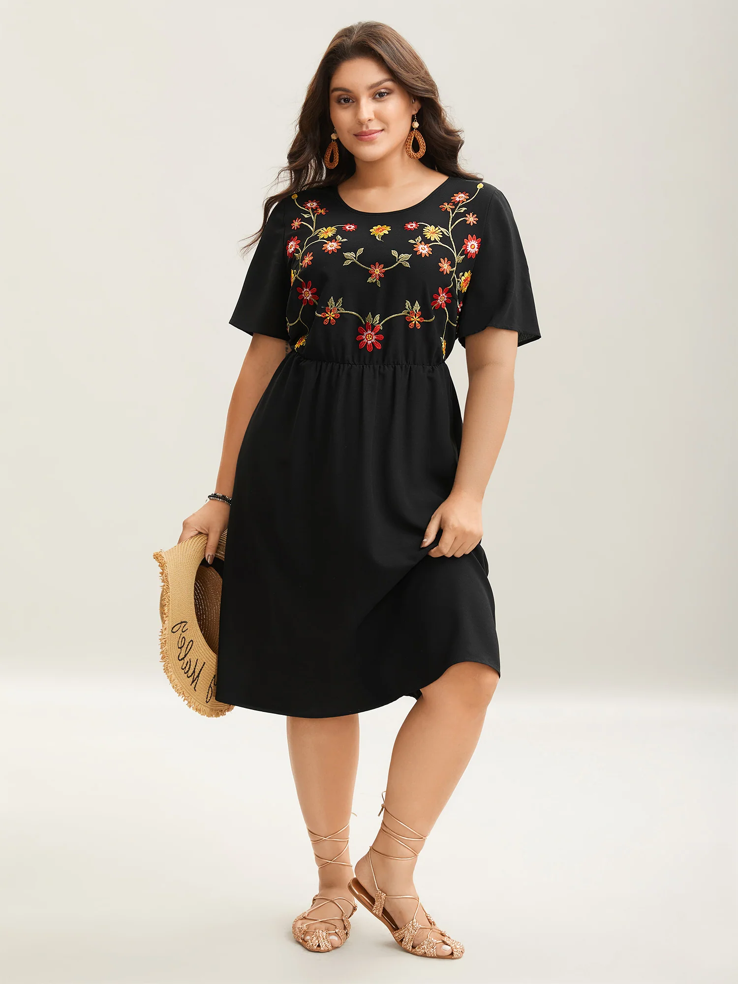 Floral Embroidered Waist-Cinched Midi Dress