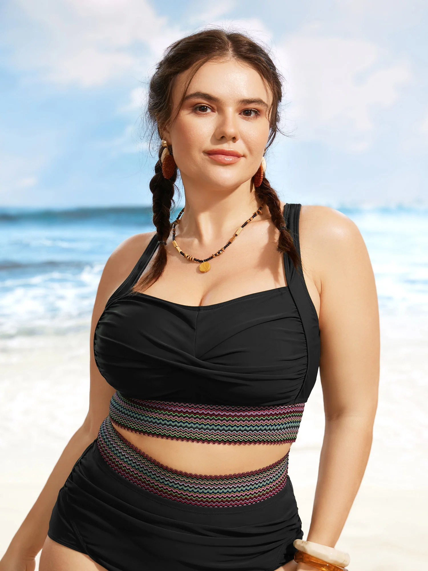 Twist Front Patchwork Woven Ribbon Swim Top