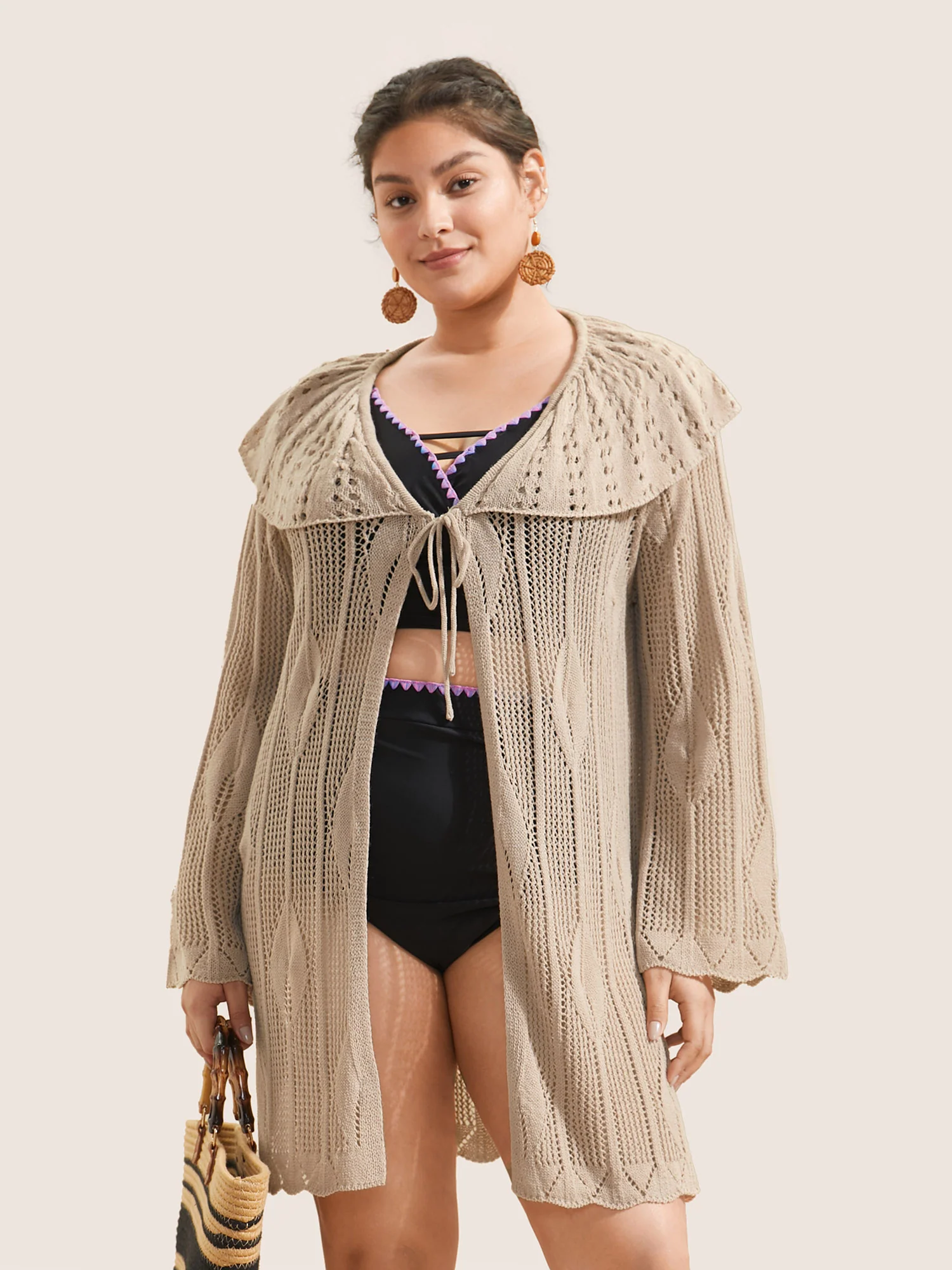 Plain Texture Patchwork Cut Out Ties Swim Cover Up