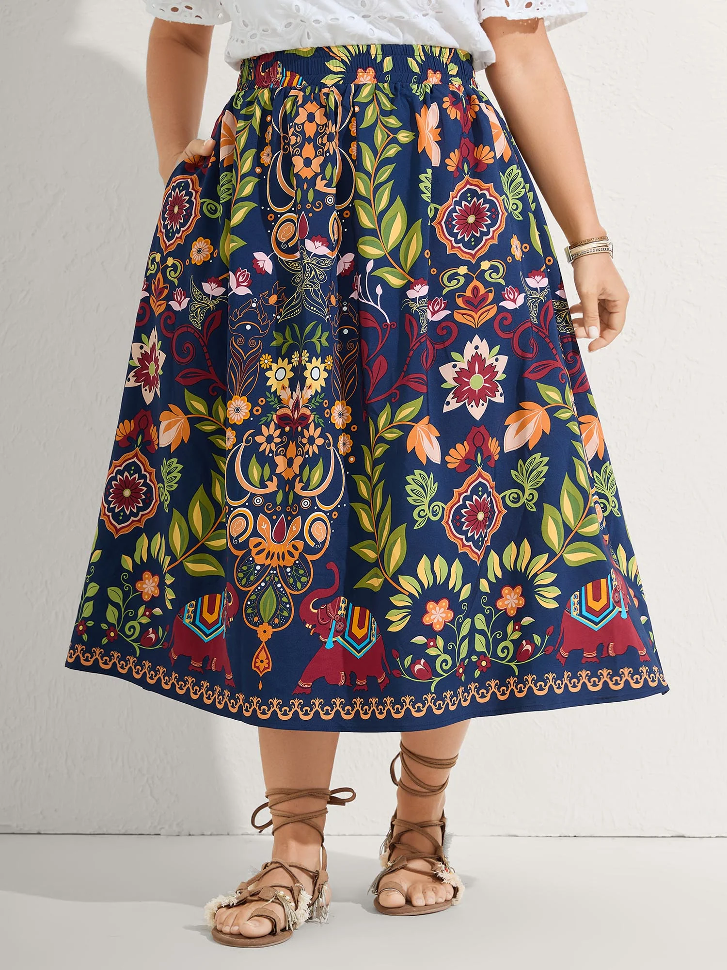 Multi-Color Floral Pockets Midi Skirt