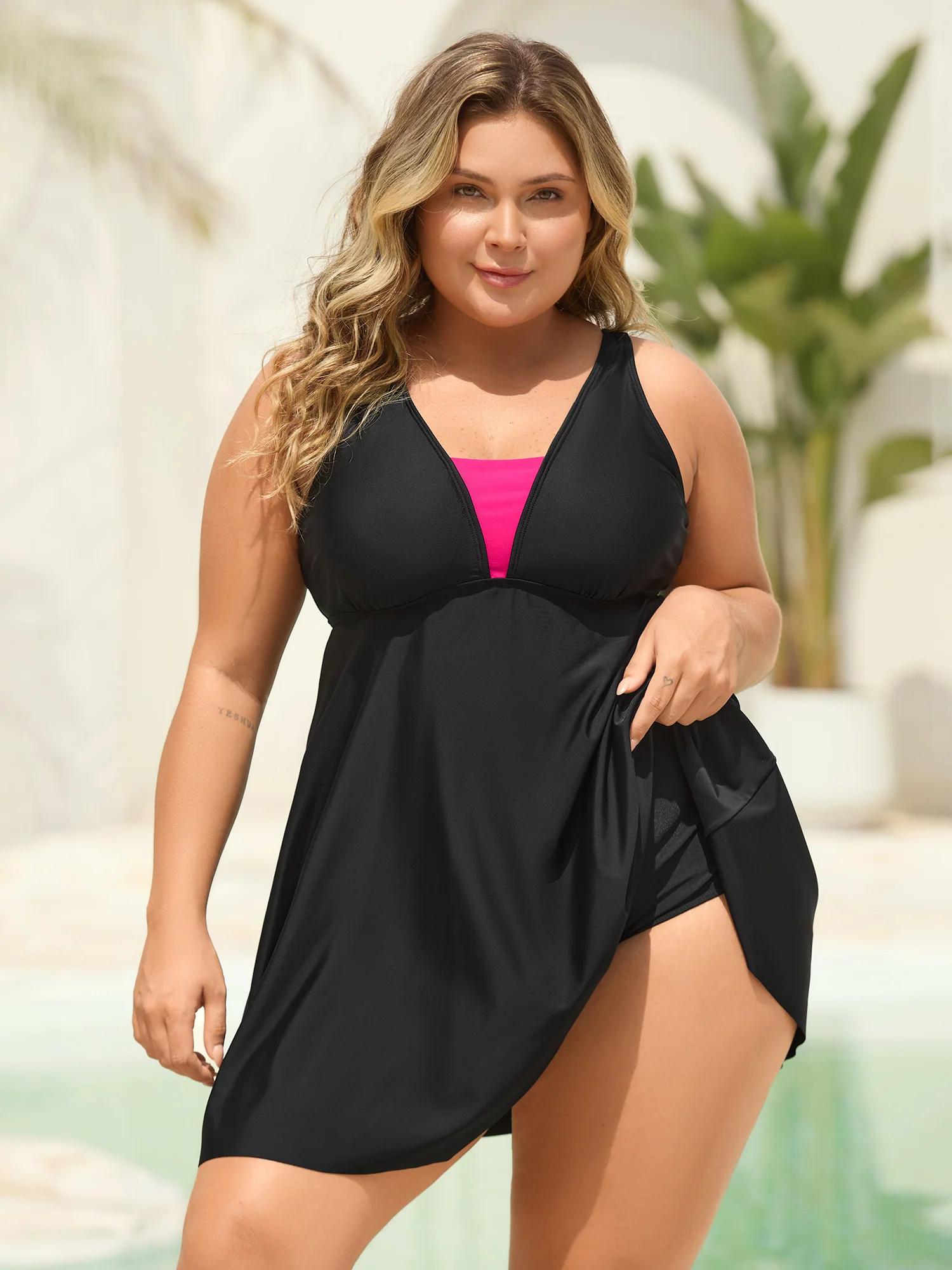 V Neck Color Contrast Swim Dress