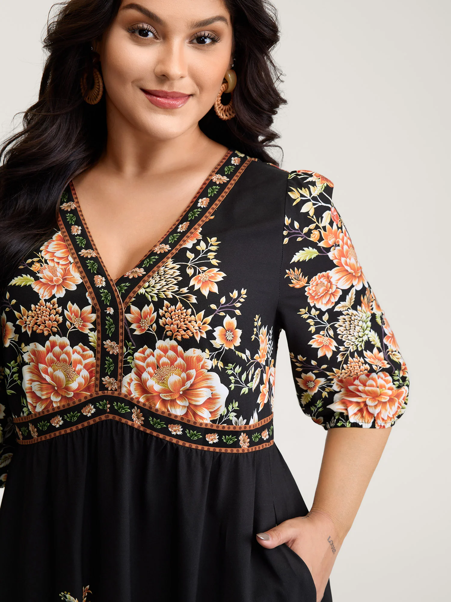 Rayon Floral Print Contrast V-Neck Midi Dress