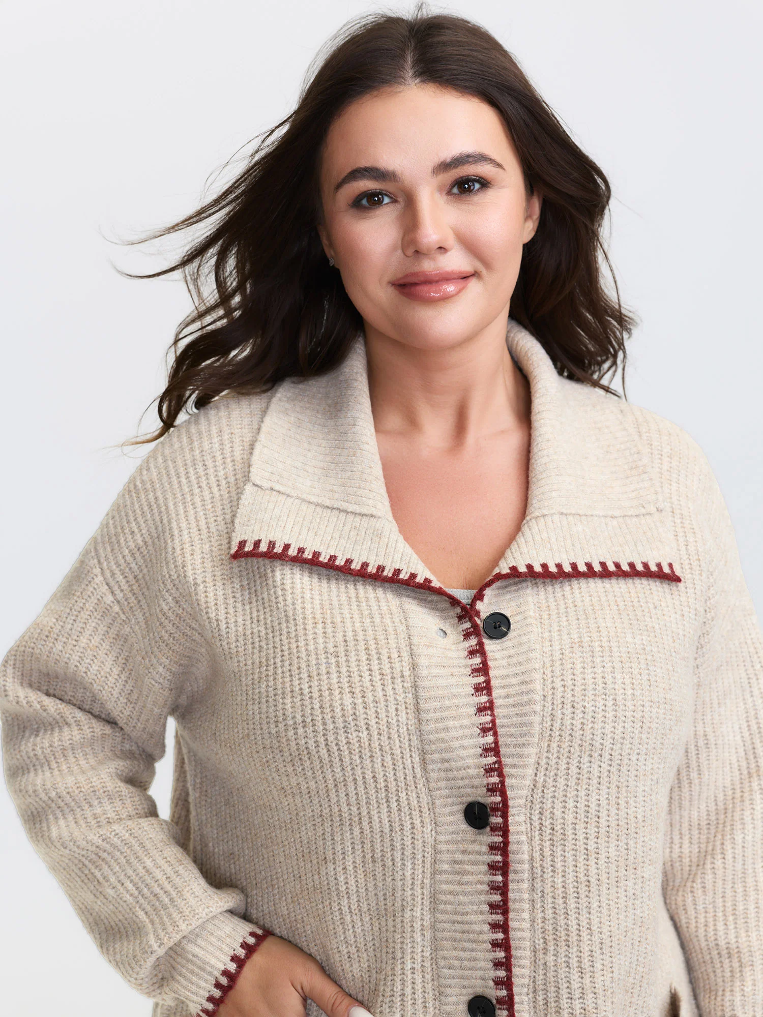 Textured Contrast Edged Pockets Knit Cardigan