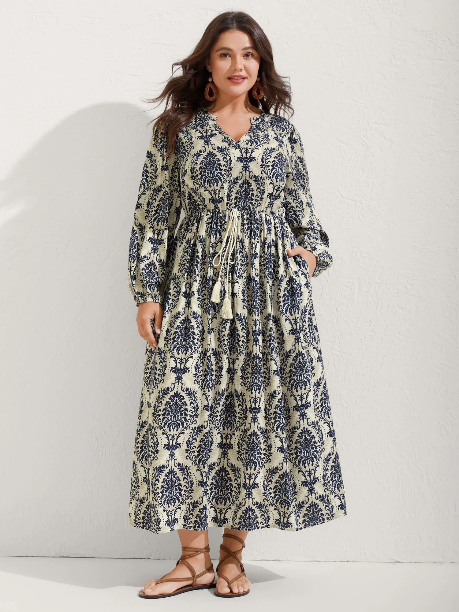 Boho Print Notched Tie Knot Maxi Dress