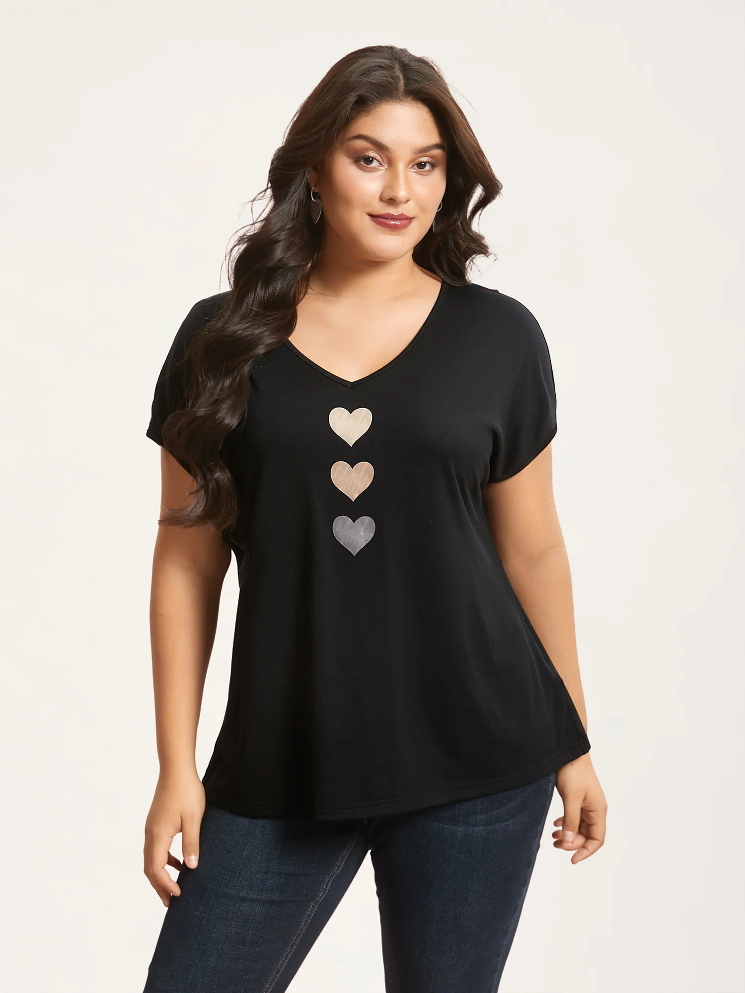 Heart Print Stretchy Dolman Sleeve T-Shirt
