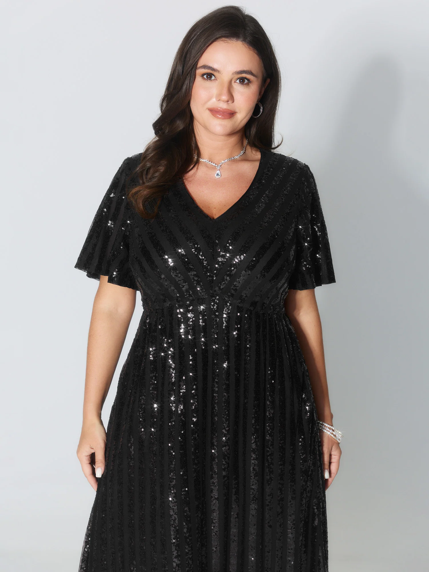 Shimmery Sequin V-Neck Midi Dress