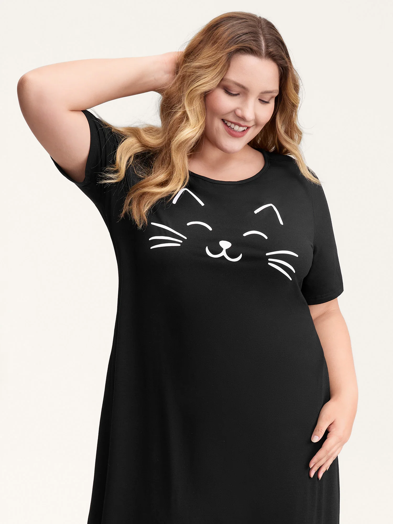 Happy Cat Print Stretchy Contrast Sleep Dress