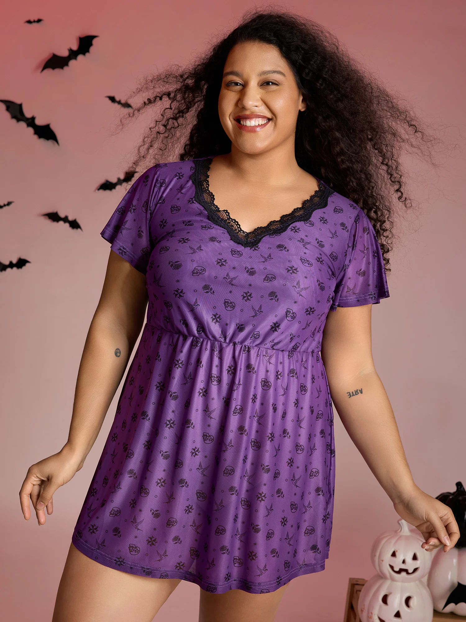 Timeless Halloween Print Stretchy Waist Sleep Dress