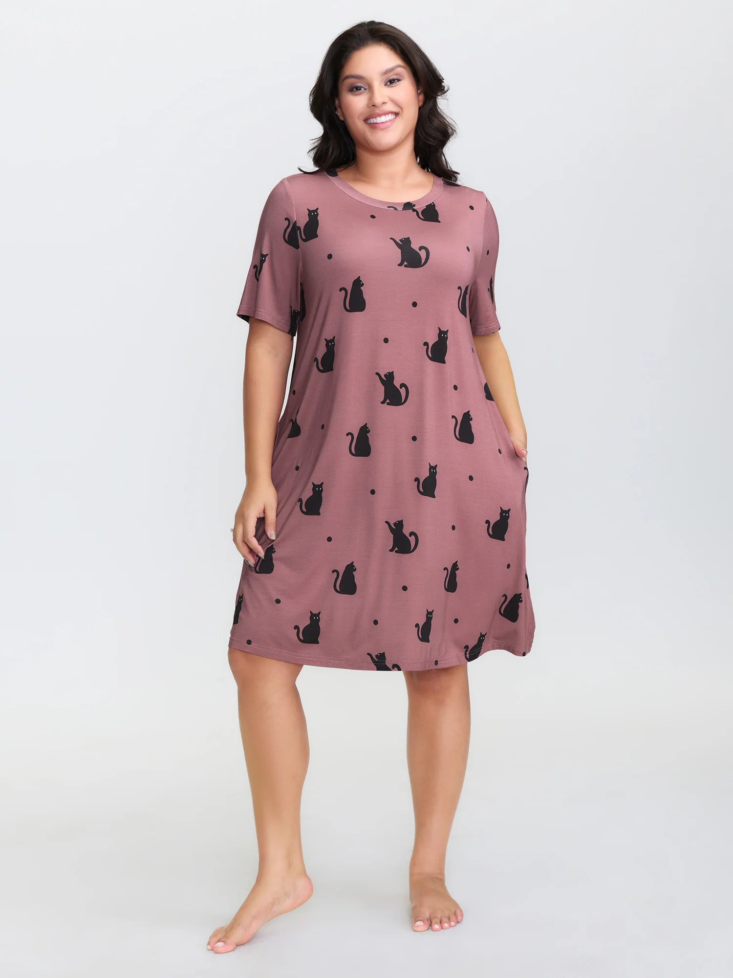 Stretchy Cat Print Round Neck Lounge Dress