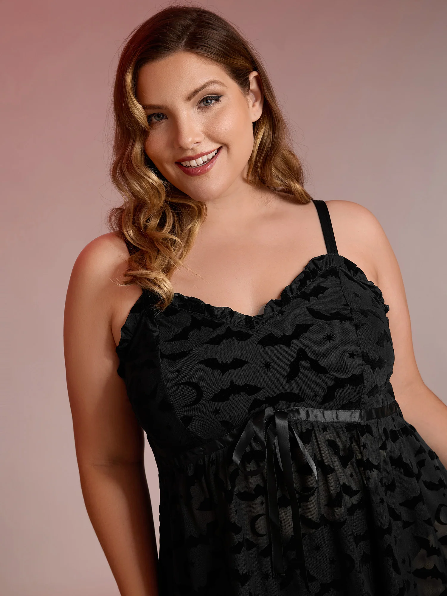 Bat Flocked Mesh Ruffled Sleep Dress