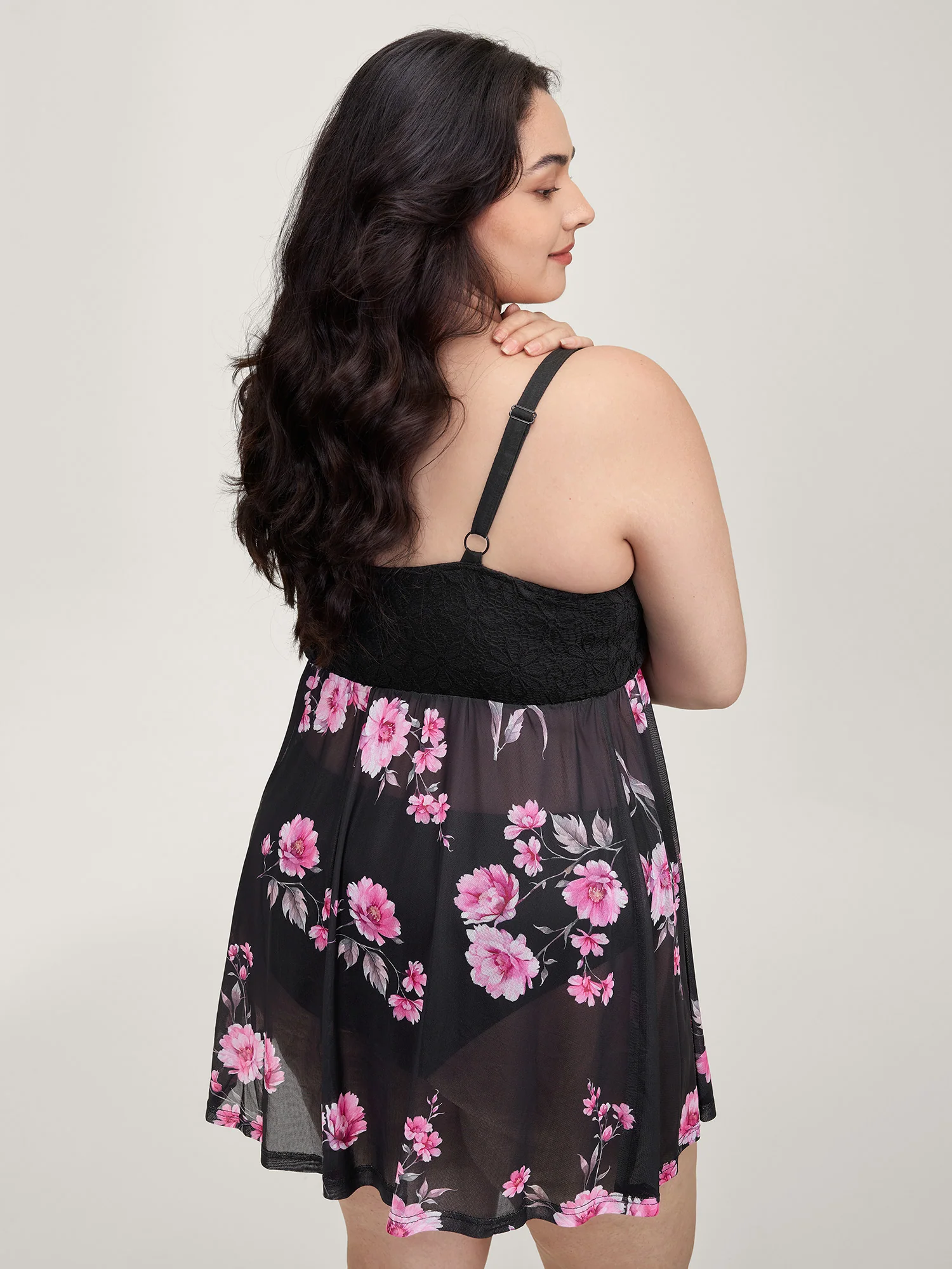 Floral Print Sheer Lace Trim Sleep Dress