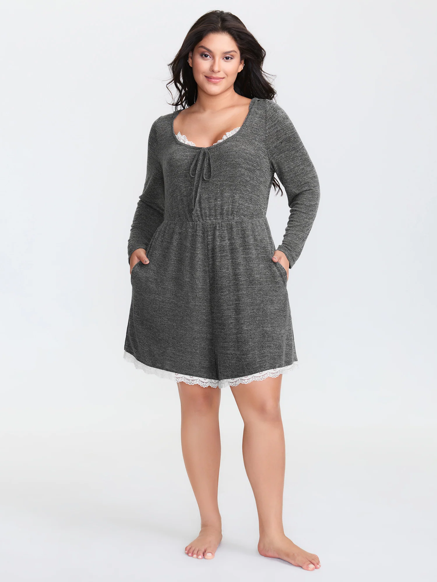 Stretchy Color Contrast Lace Trim Sleep Romper