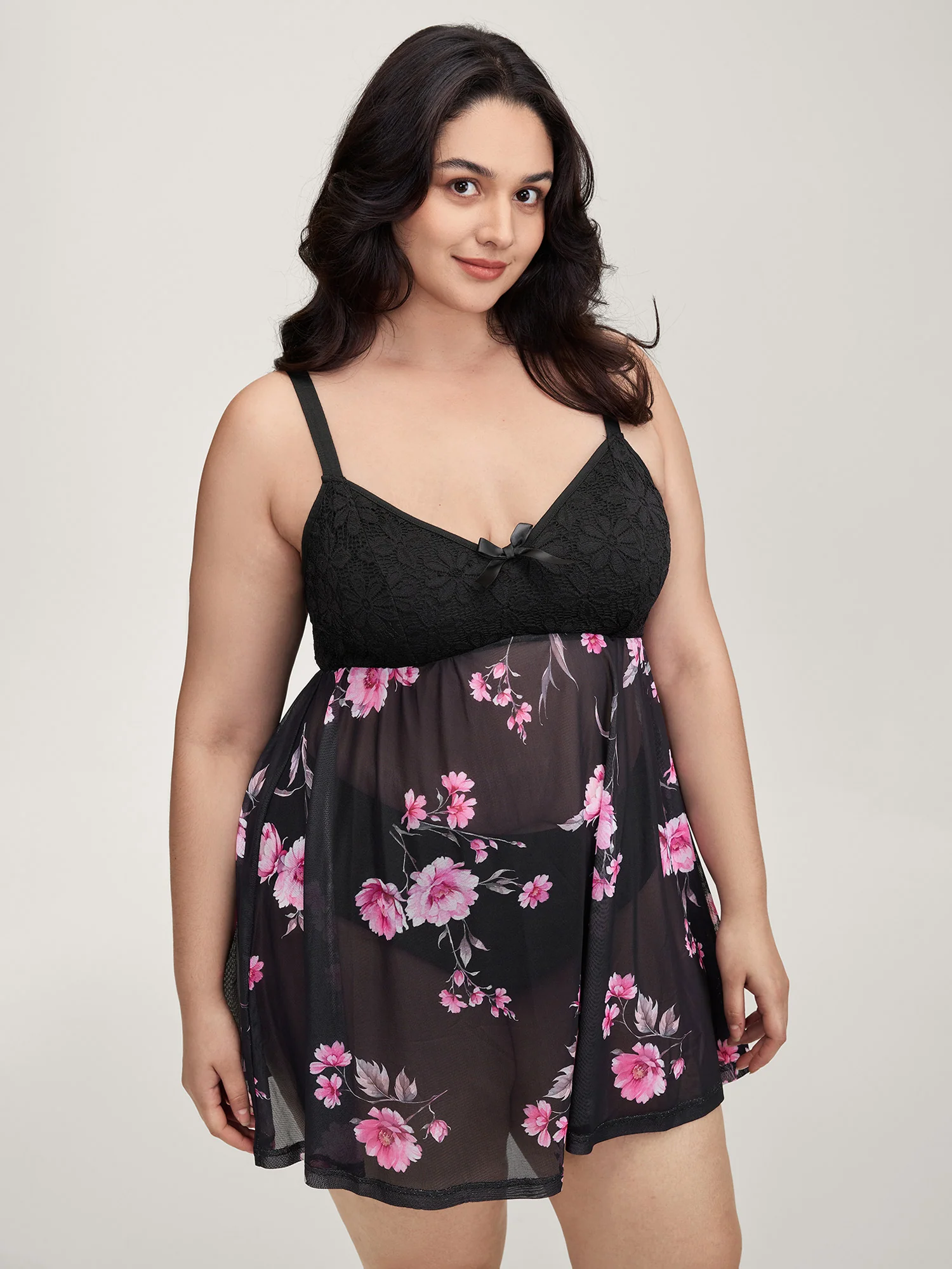 Floral Print Sheer Lace Trim Sleep Dress