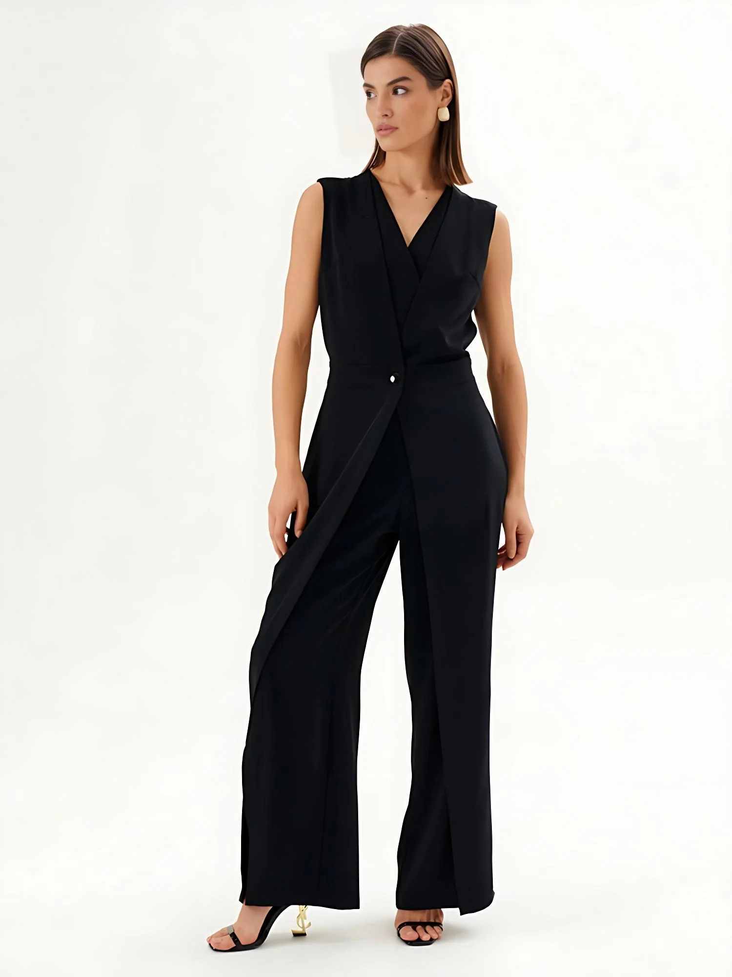 Black Sleeveless Wrap-Effect Wide-Leg Jumpsuit