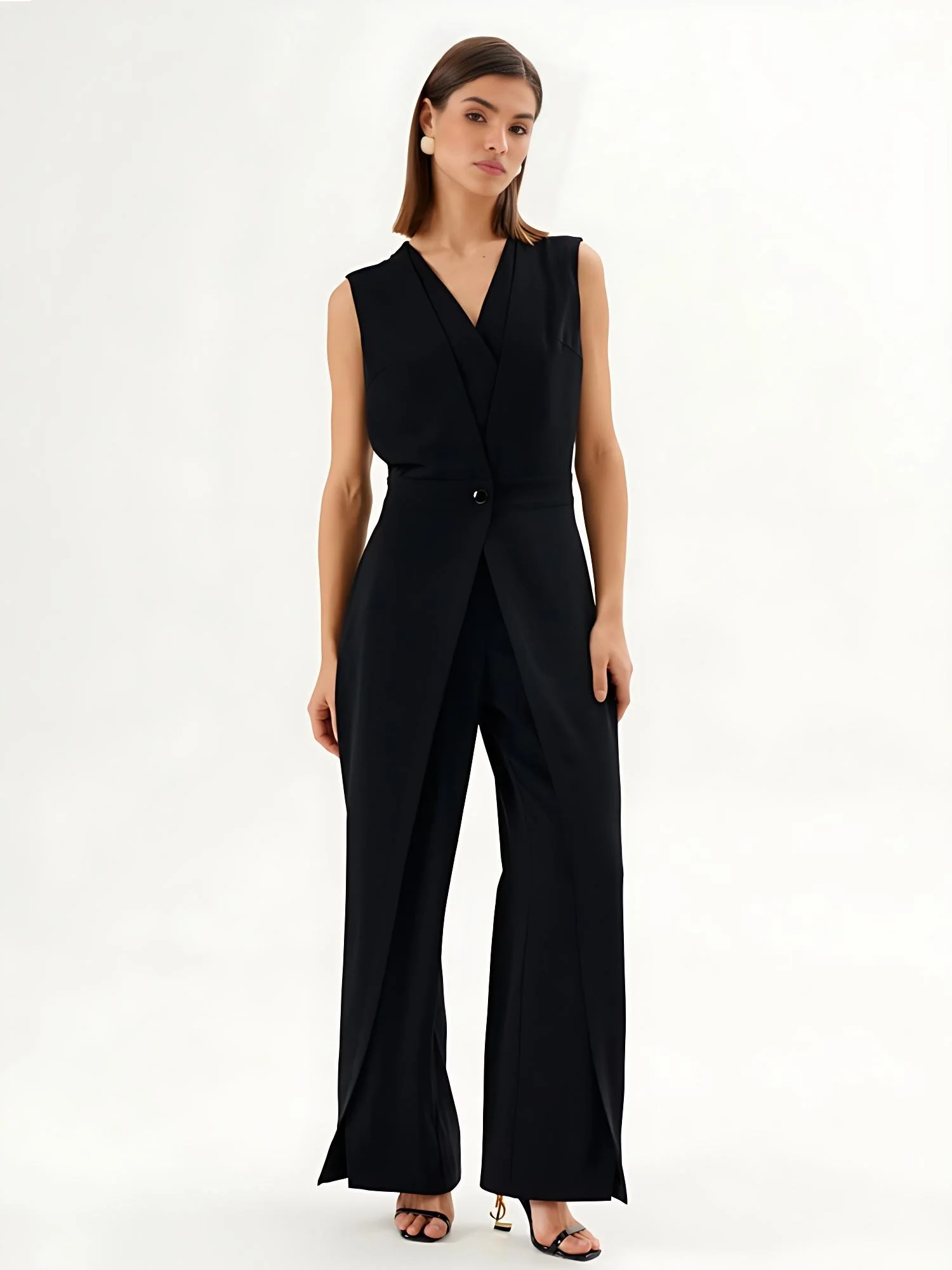 Black Sleeveless Wrap-Effect Wide-Leg Jumpsuit