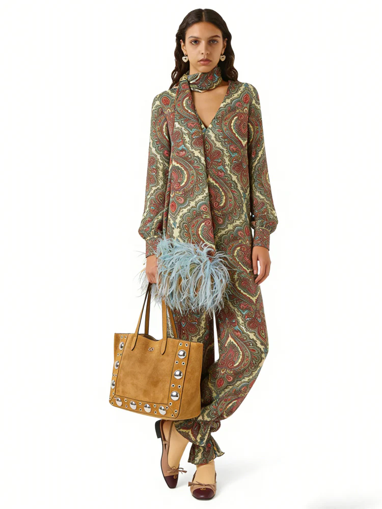 Paisley Print Relaxed Scarf Blouse & Elastic Hem Pants Set