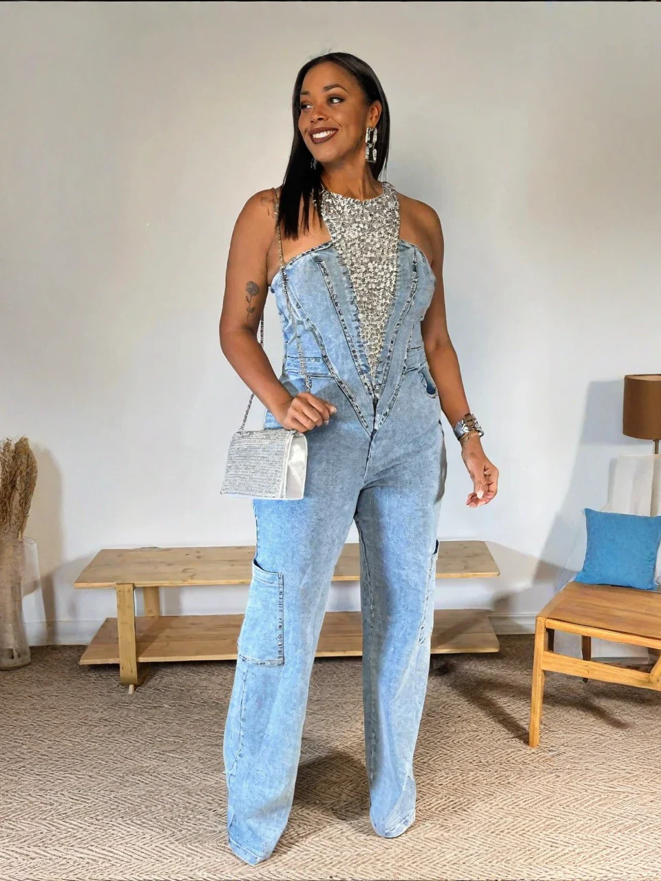 Bedazzled Blue Denim Jumpsuit