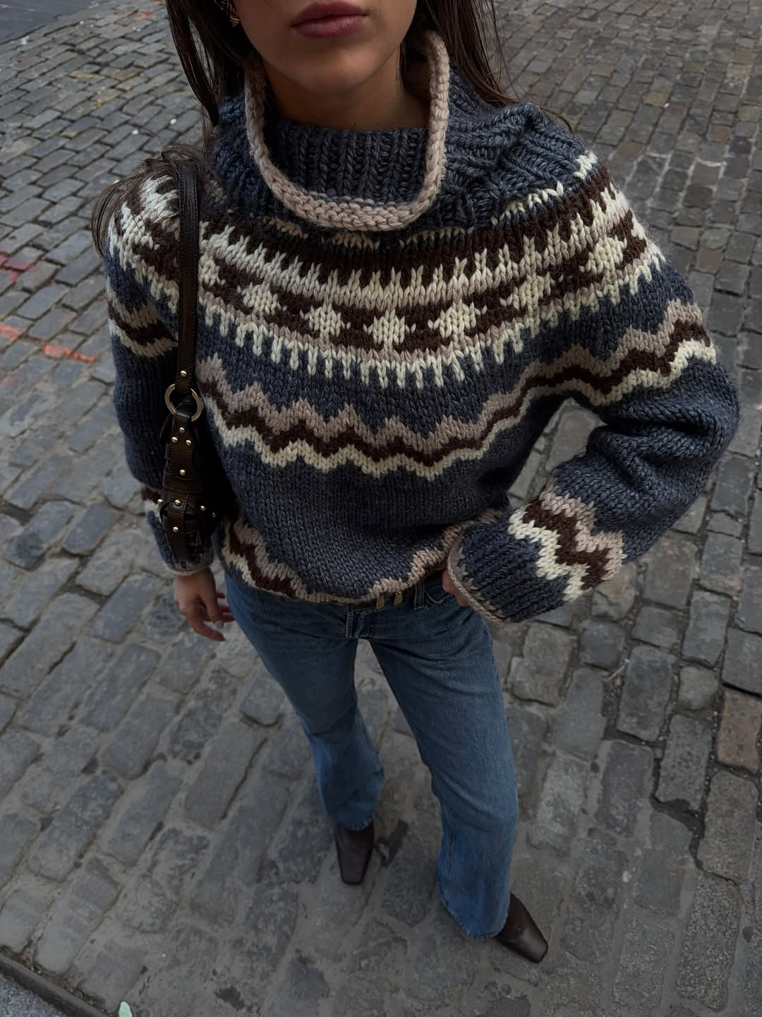 Fair Isle Caramel Wool Turtleneck Sweater