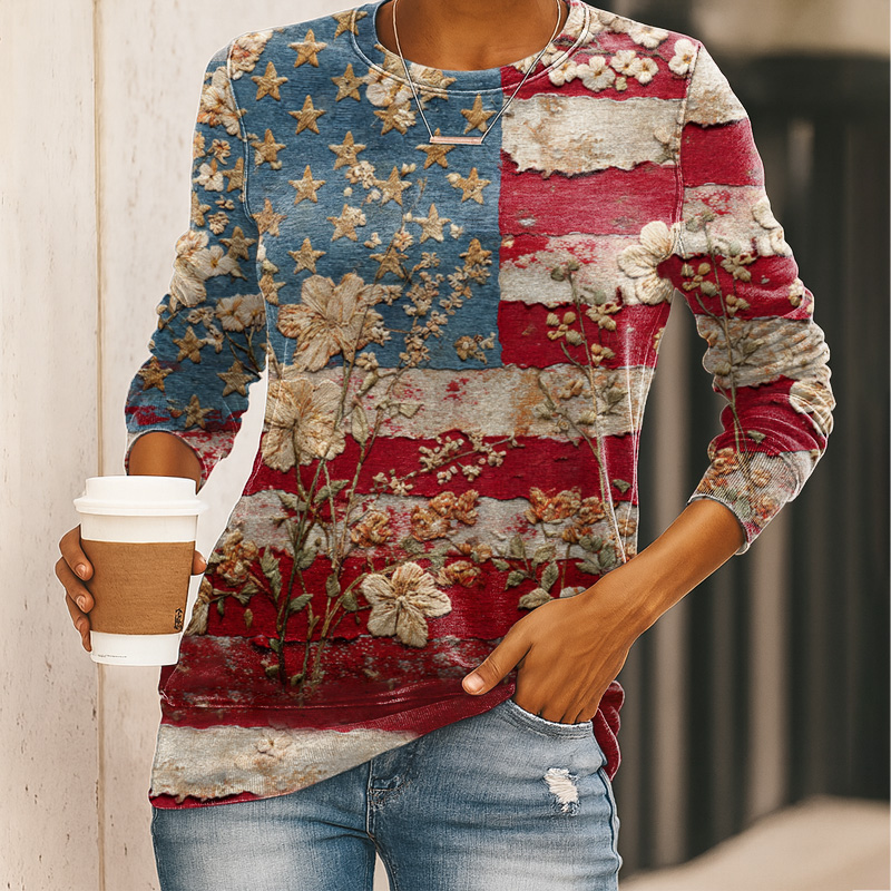 US 250th Anniversary Women's Retro Floral Flag Art Print Casual Sweatshirt