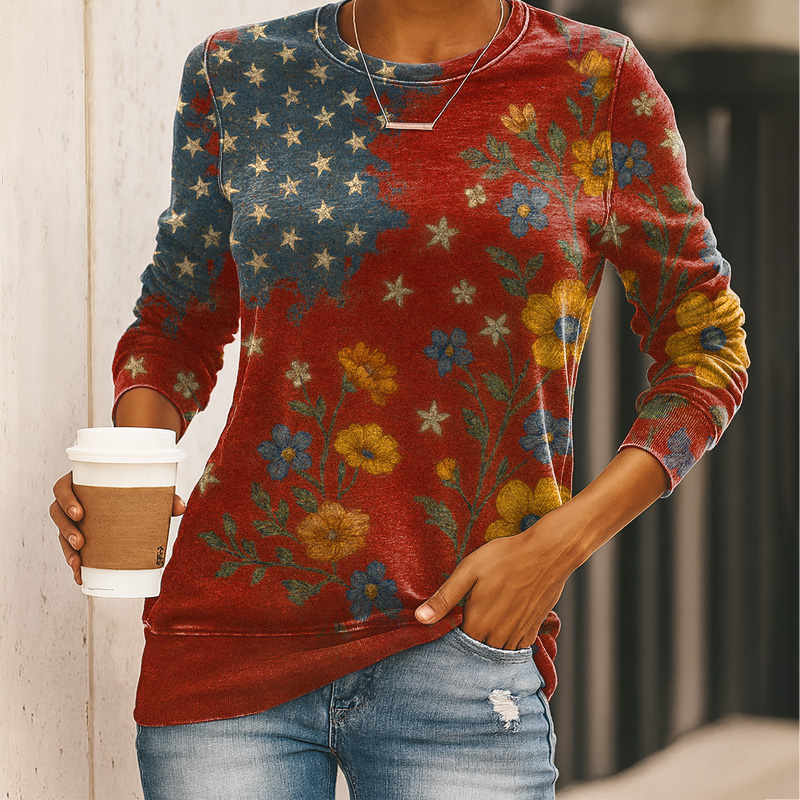 US 250th Anniversary Women's Retro Floral Flag Art Print Casual Sweatshirt