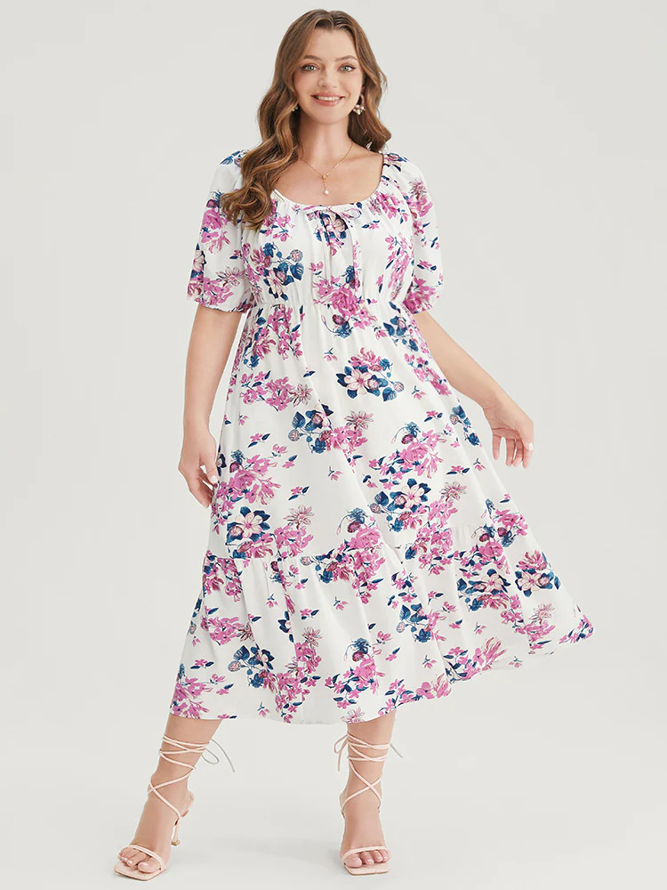 Floral Puff Sleeve Pocket Knot Front Scoop Neck Flutter Dress