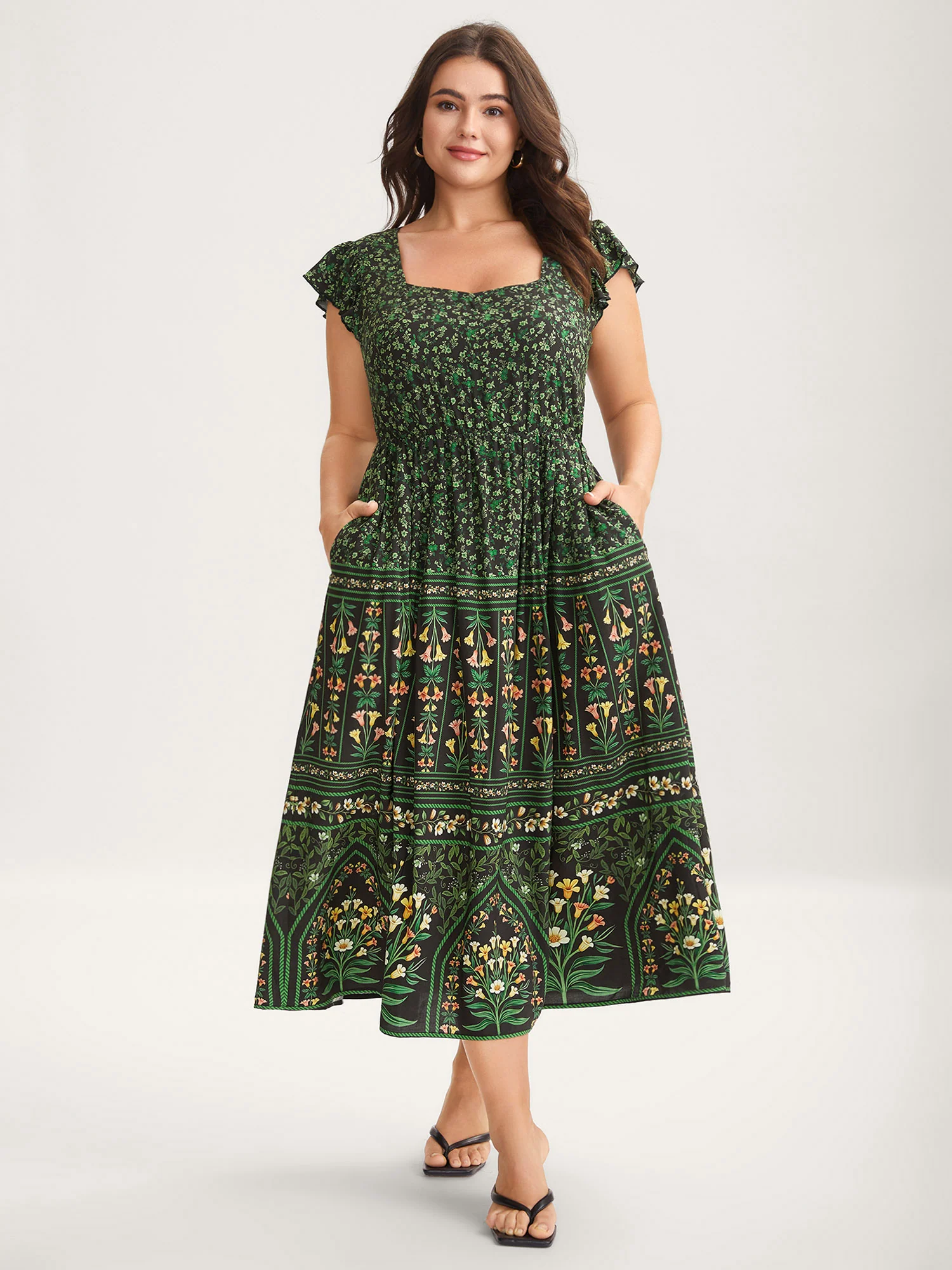 Rayon Garden Fresh Ruffled Sleeve Midi Dress